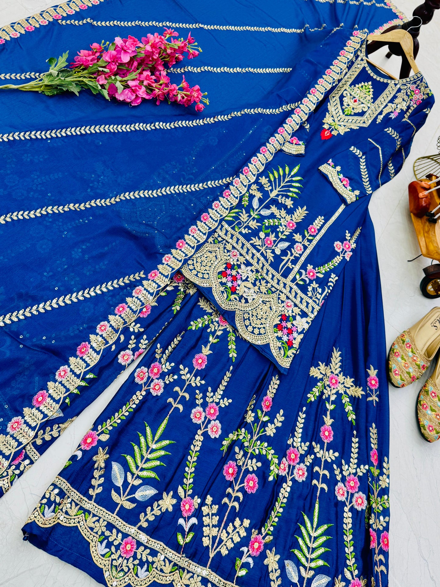 designer party sharara suit & dupatta set in blue color