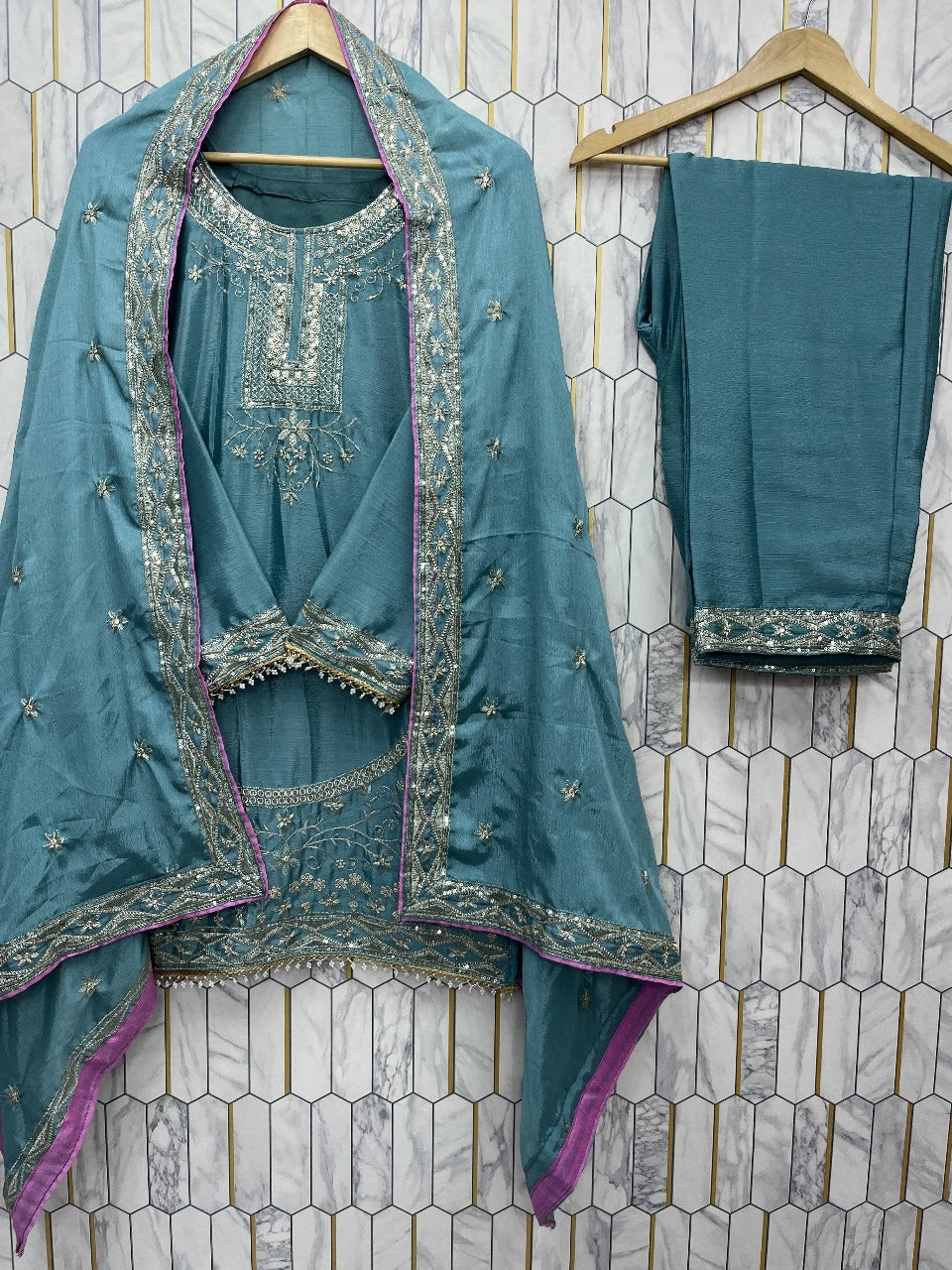 SKy BLue Color Partywear Dress in Chinon Silk Fabric