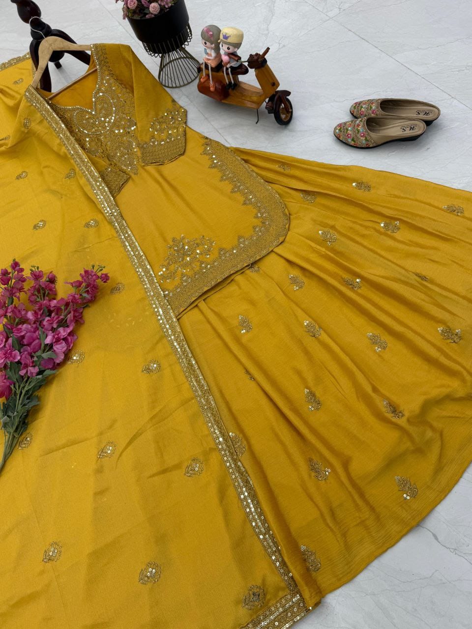 Yellow Color Beautiful Sharara Suit in Chinon FAbric