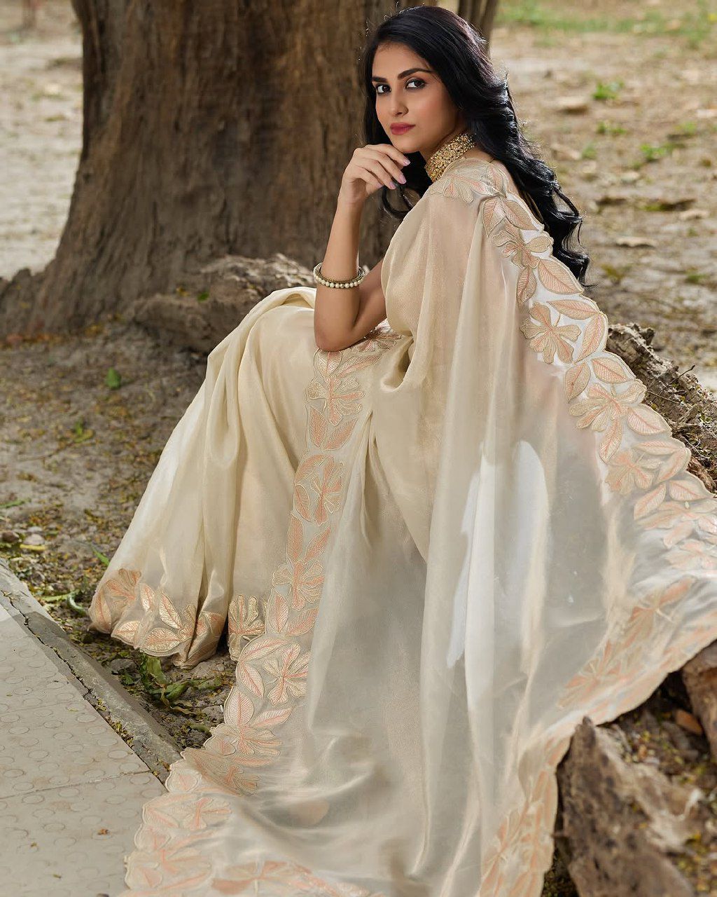 Beautiful White Cream color organza silk saree