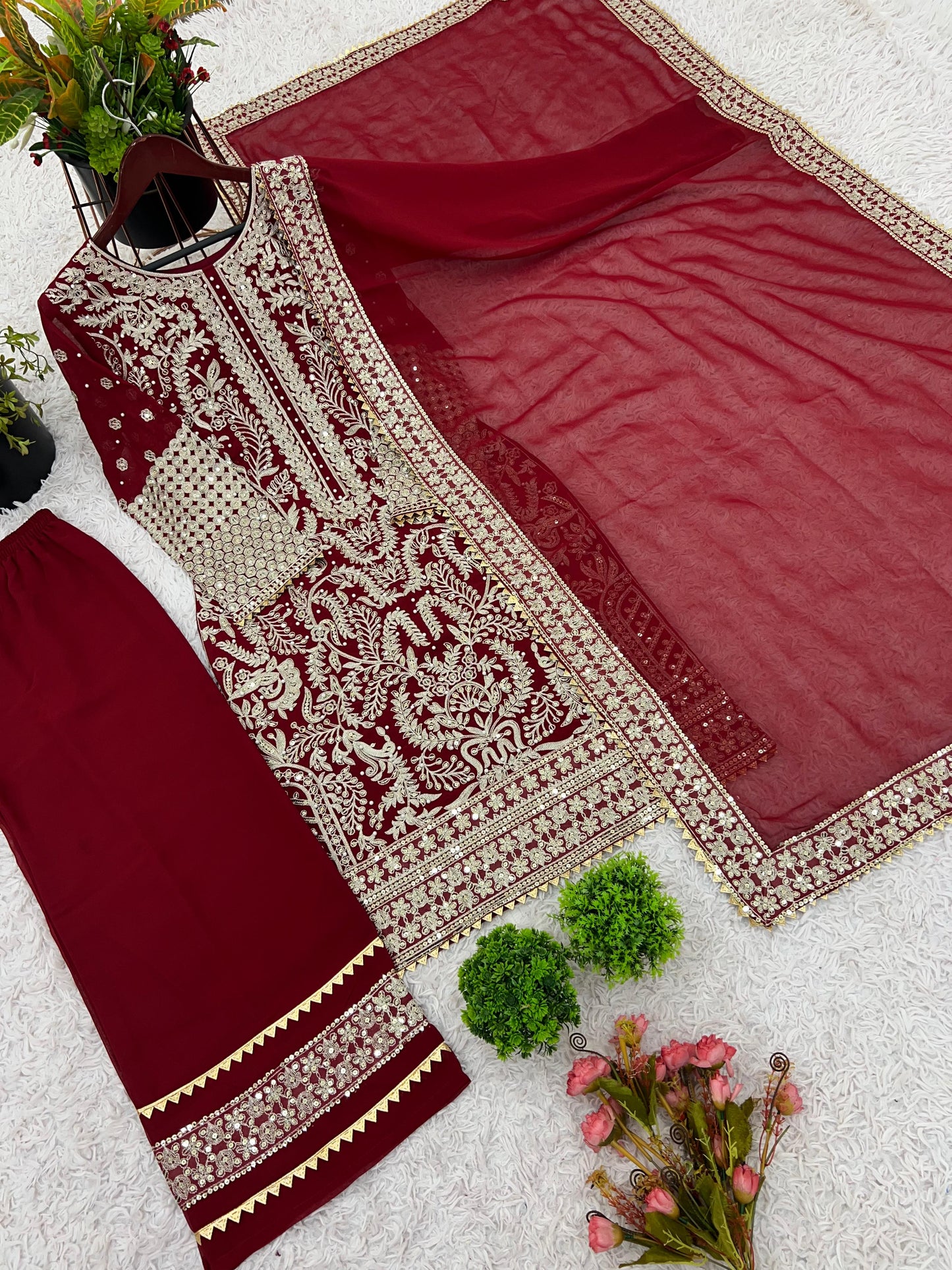 Party Wear Look Top-Plazzo and Dupatta With Heavy Embroidery Work