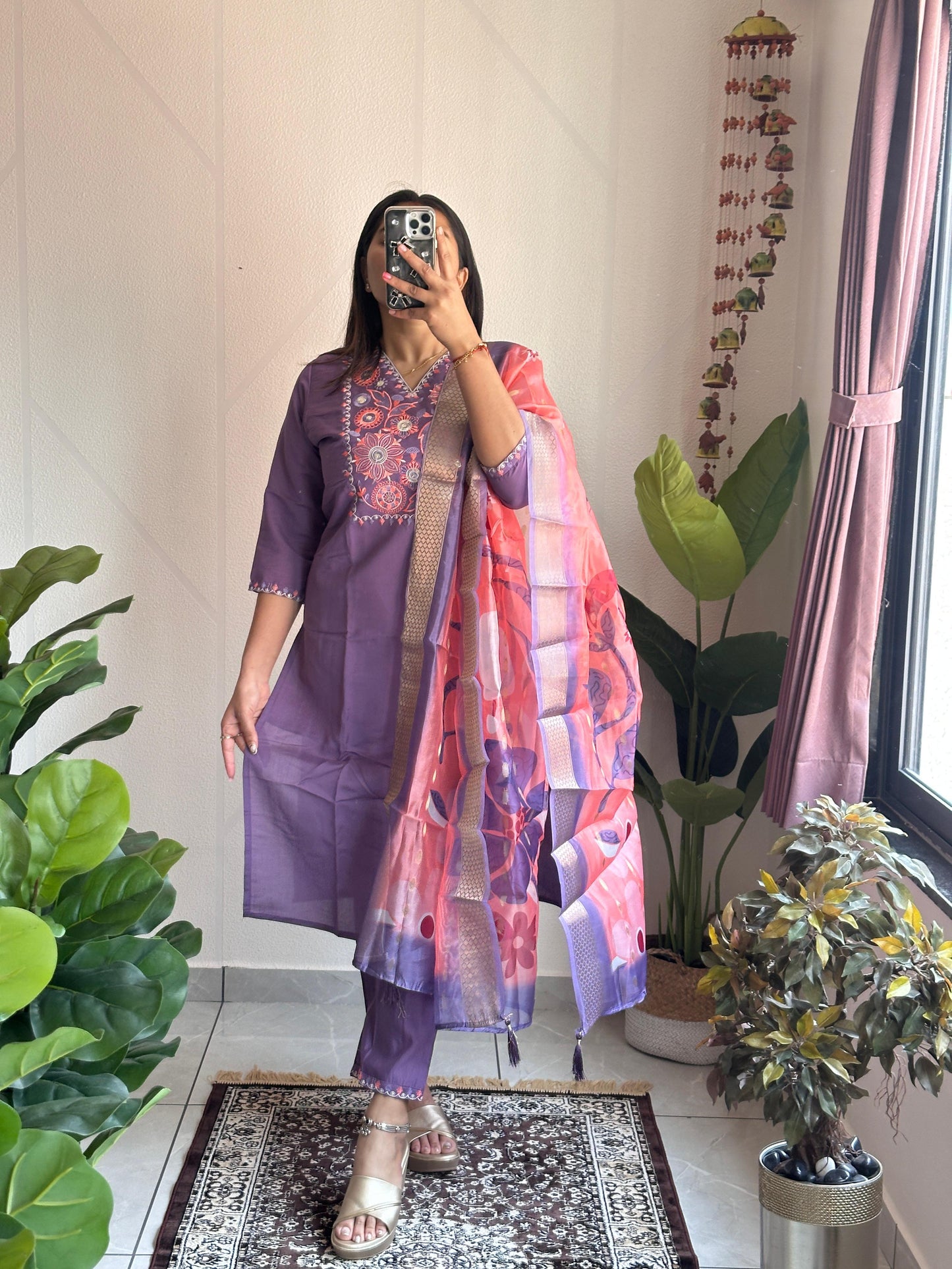 Voilet Color Beautiful Daily Wear Dress in Roman Silk Fabric