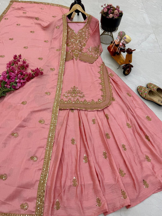 Pink Color Beautiful Sharara Suit in Chinon FAbric