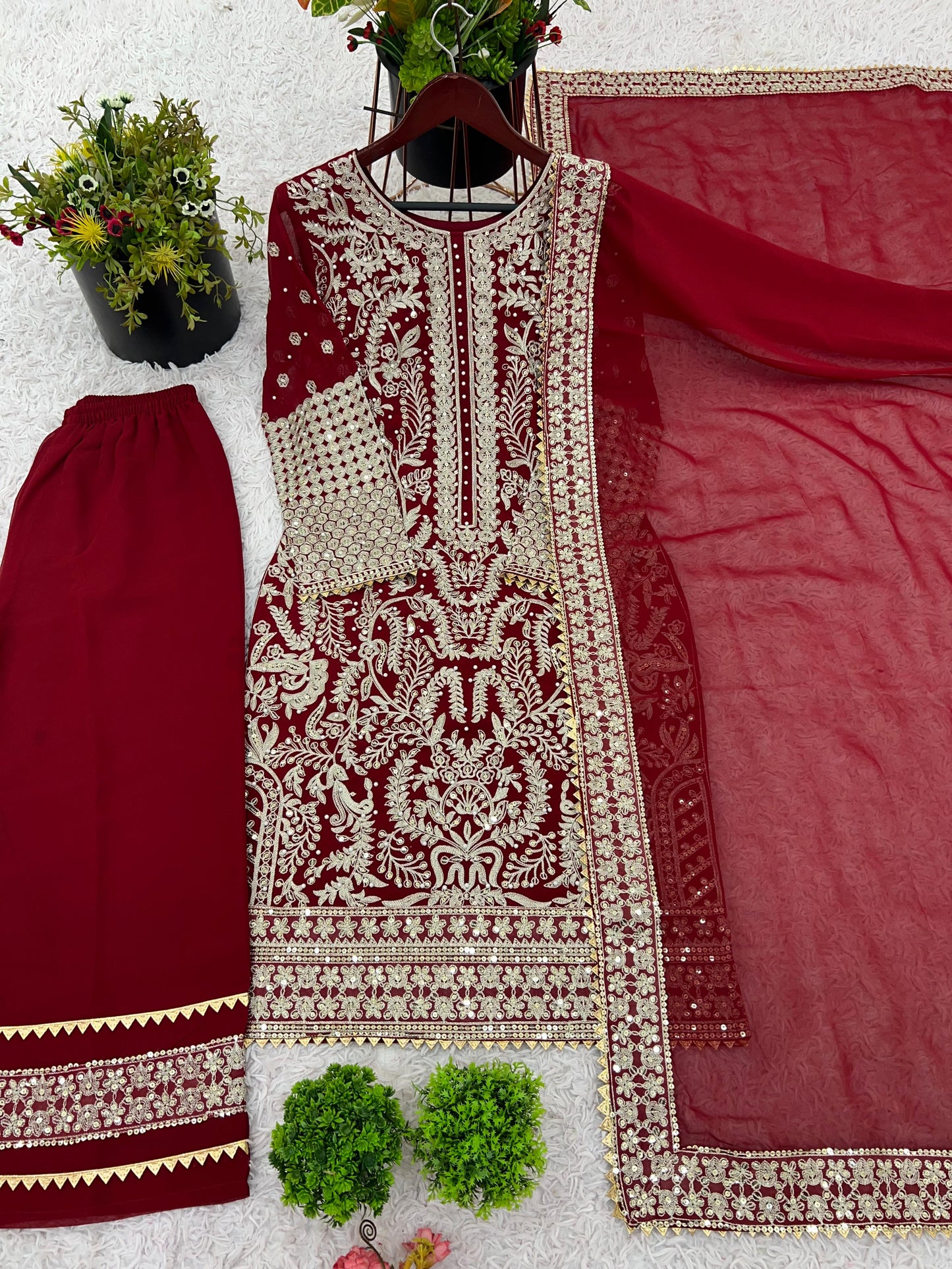 party wear look top-plazzo and dupatta with heavy embroidery work