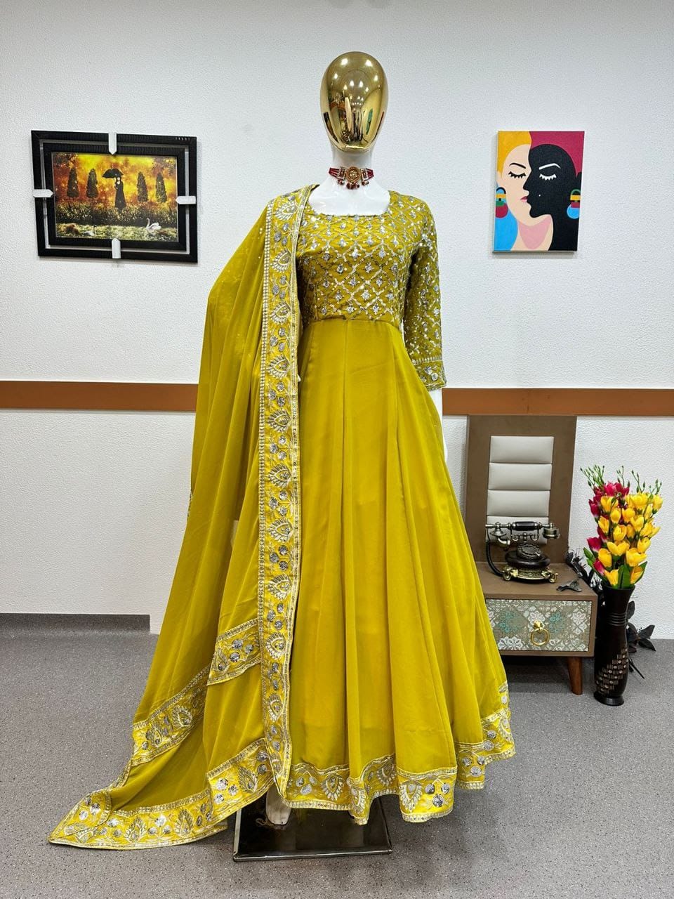 yellow color gown in georgete fabric