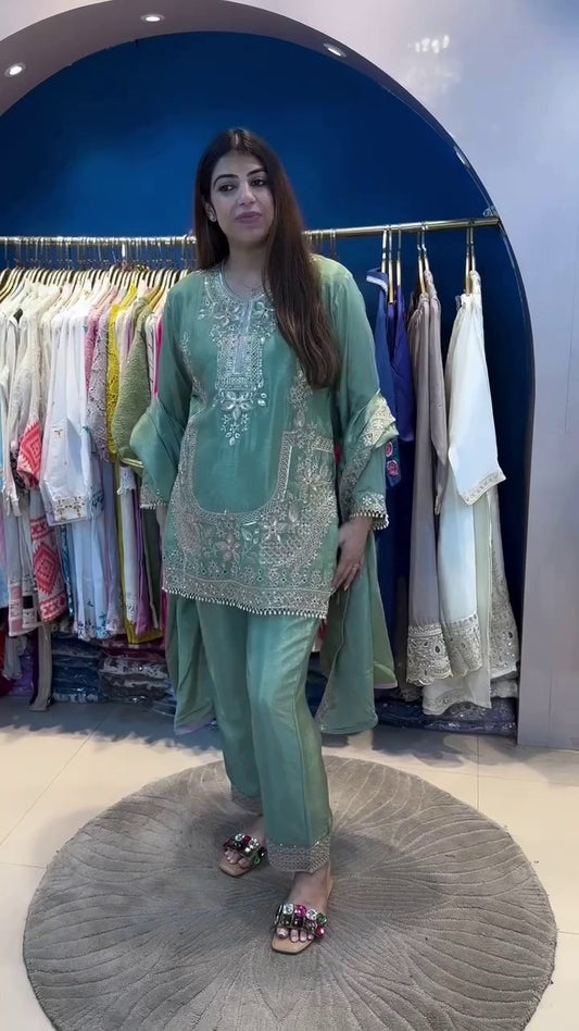 SKy BLue Color Partywear Dress in Chinon Silk Fabric