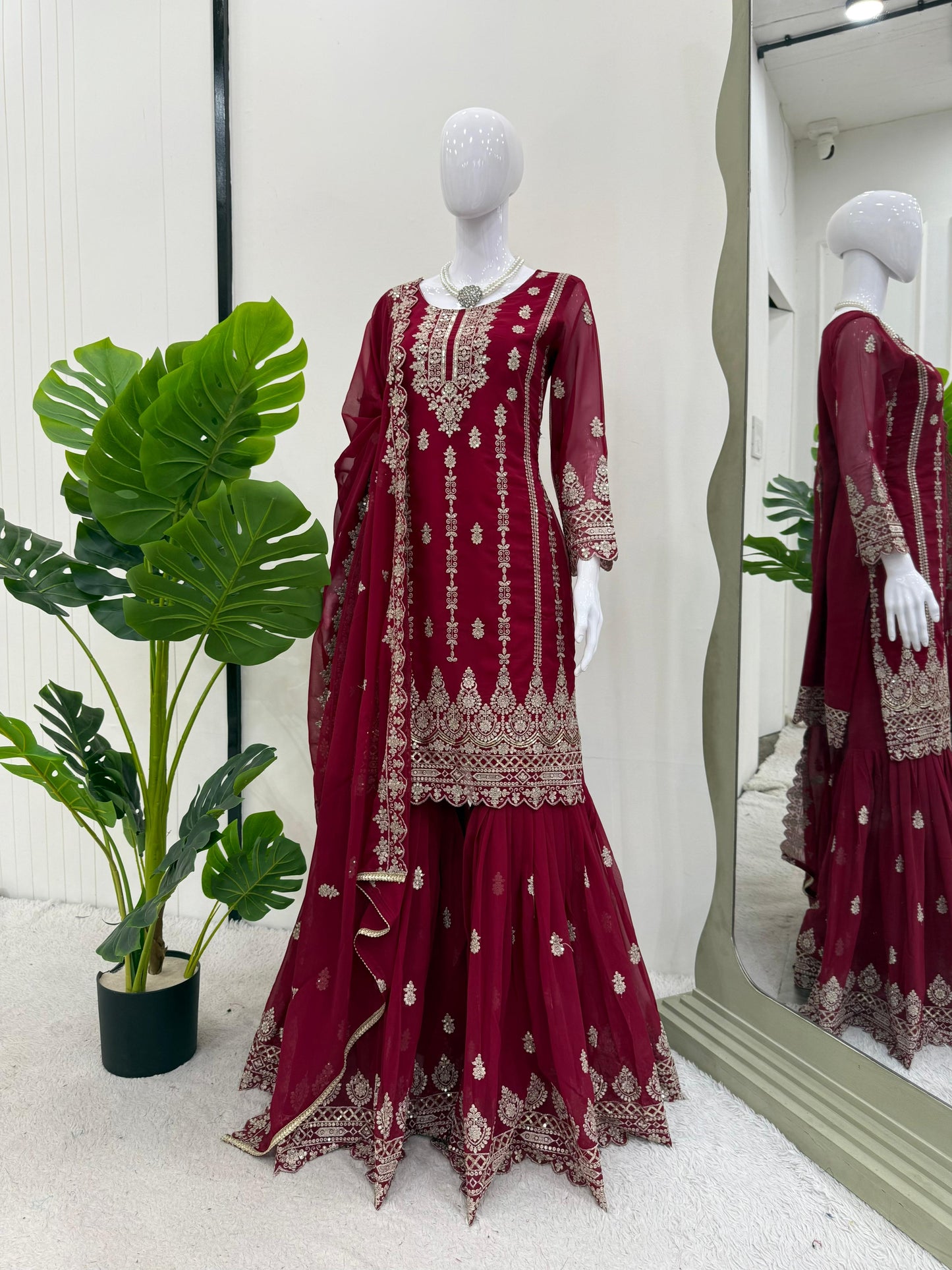 Maroon Red Color Beautiful Sharara Suit in Georgette Fabric