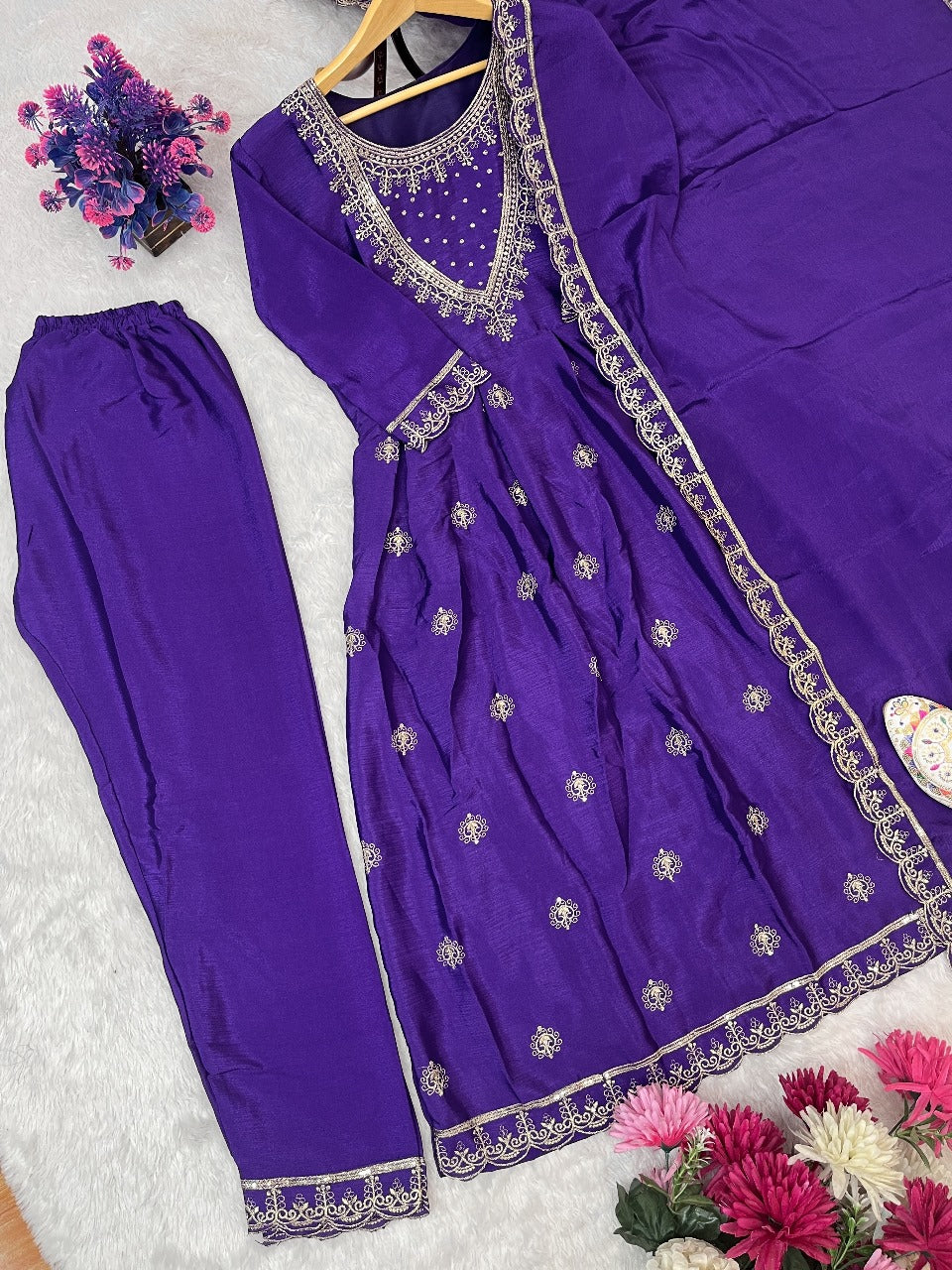 Purple Color Traditional Dress in Chinon Fabric