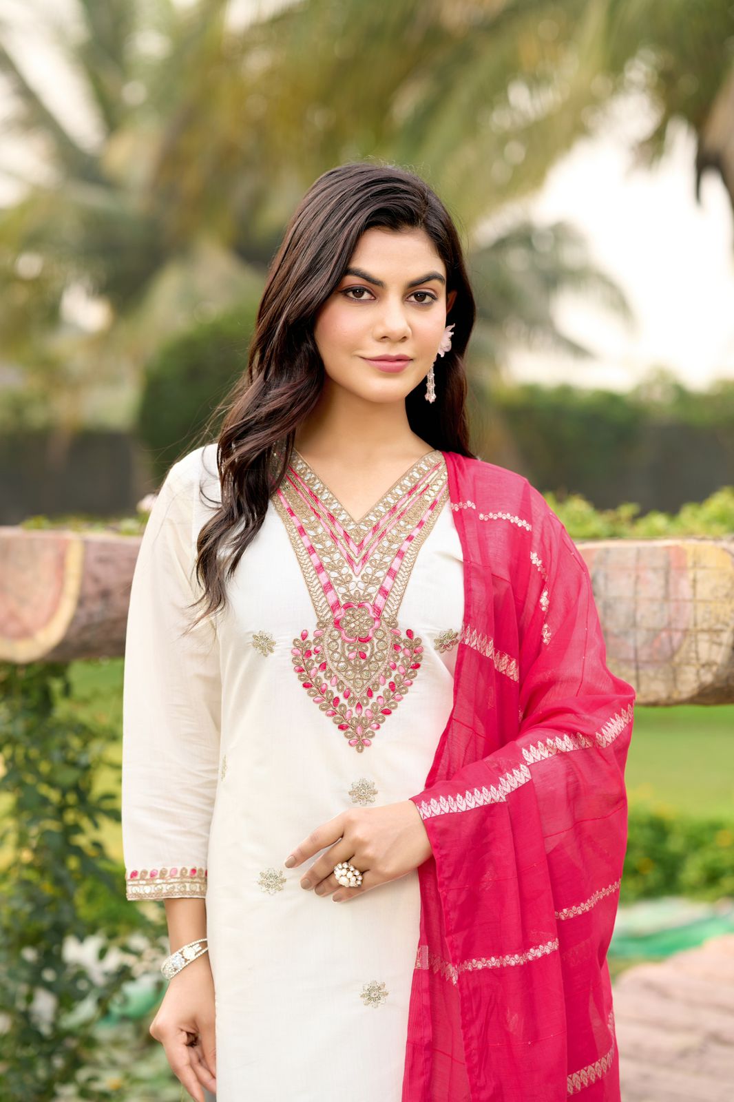 White Cream Color Beautiful Summer wear Dress in Roman Silk fabric
