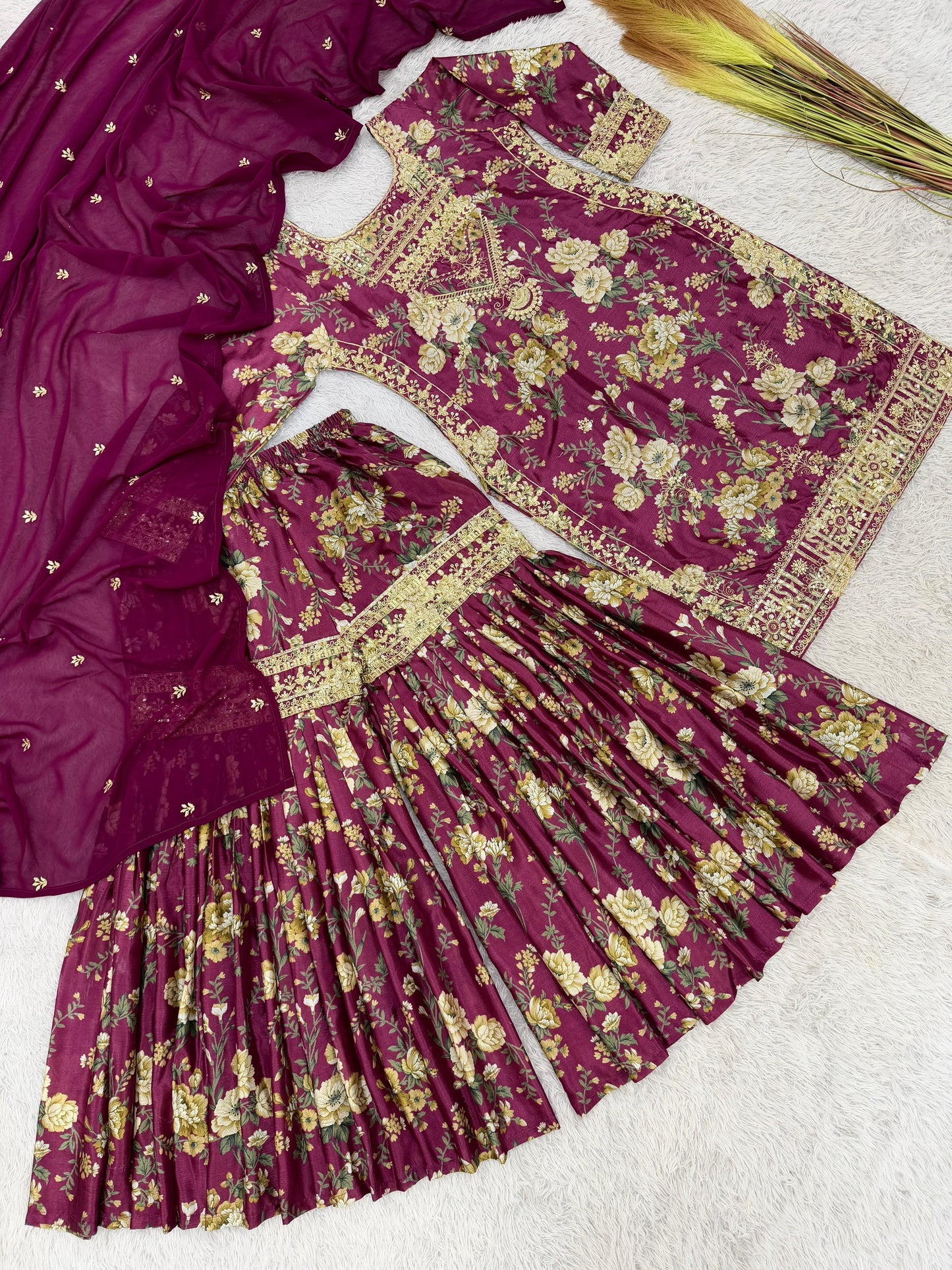 3 piece fancy printed kurti with beautiful sharara and lovely dupatta