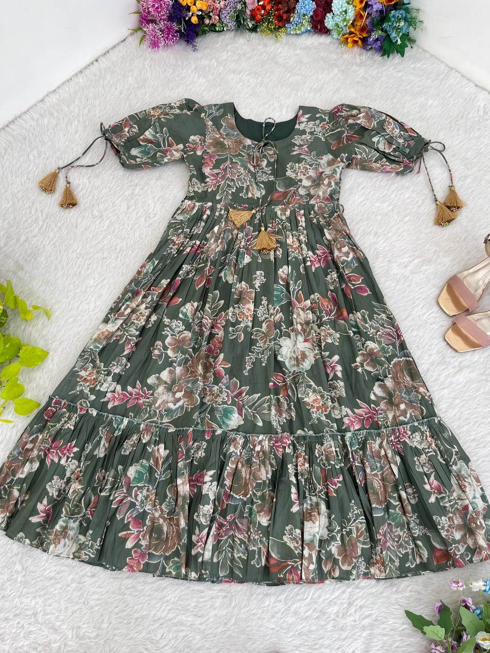 Party Wear LooK Roman Silk Mill Print With Foil Gown