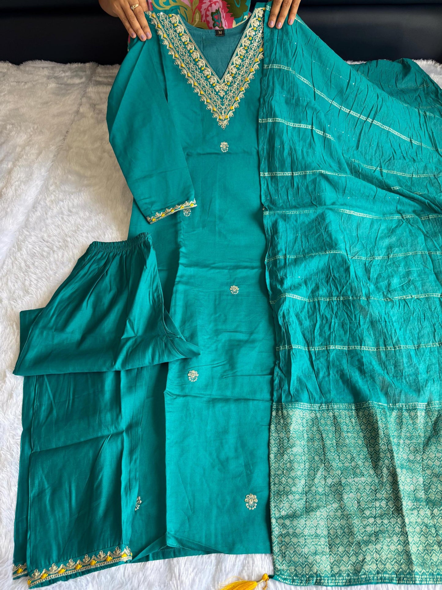 designers kurti pent dupatta set in roman silk fabric