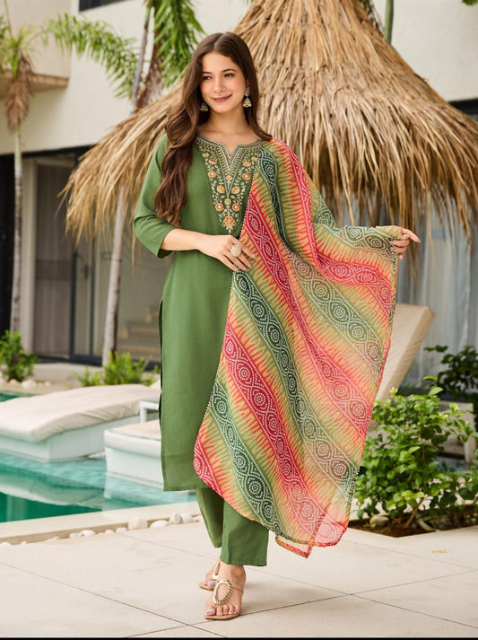 rayon embroidered straight kurta with pant and dupatta sets