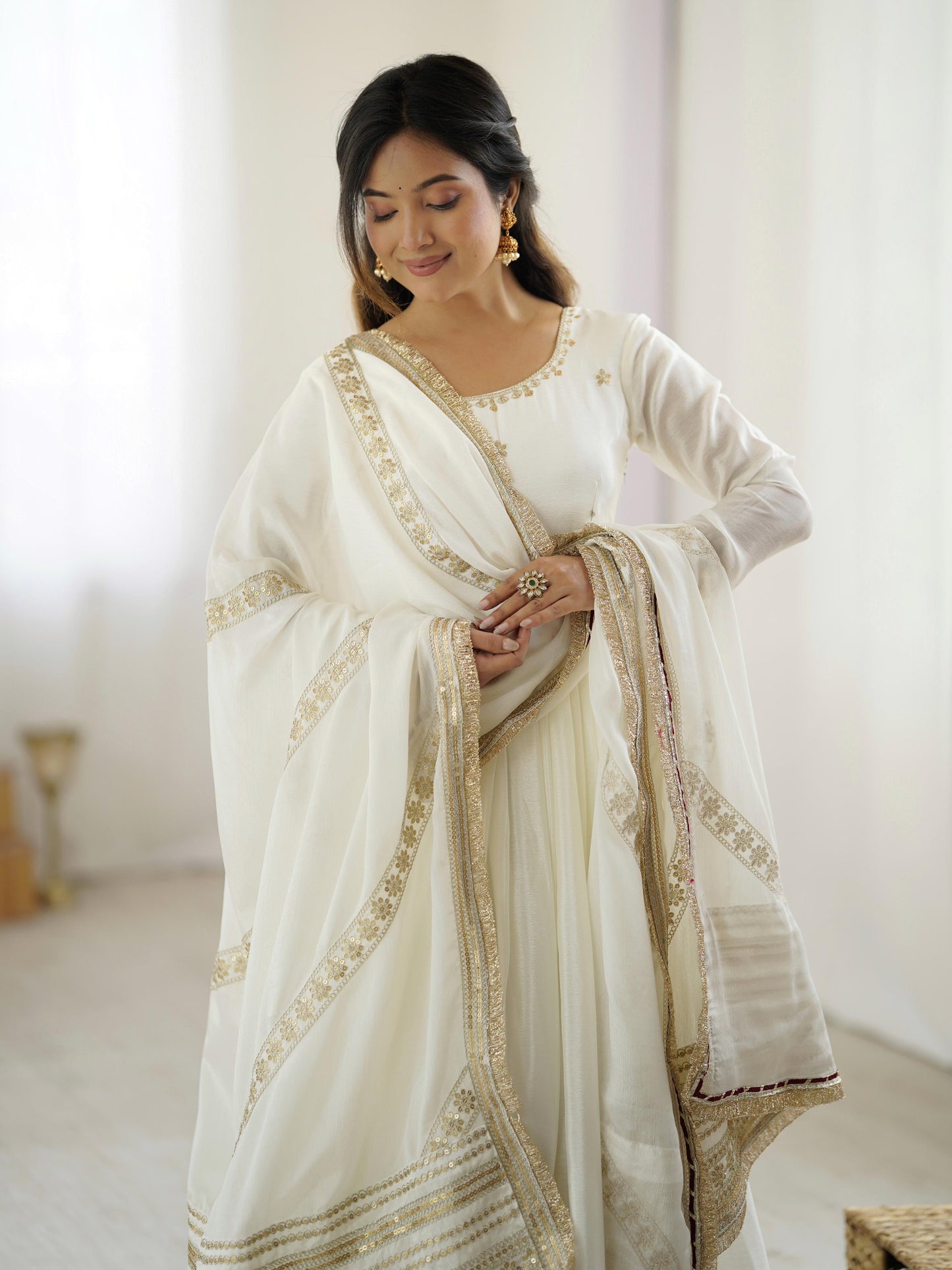 White Color Beautiful Gown in Chinon Silk Fabric