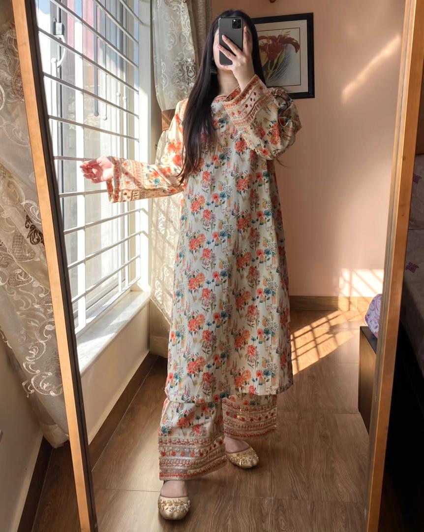 party wear look pur natural crepe printed & embroidered co-ords set