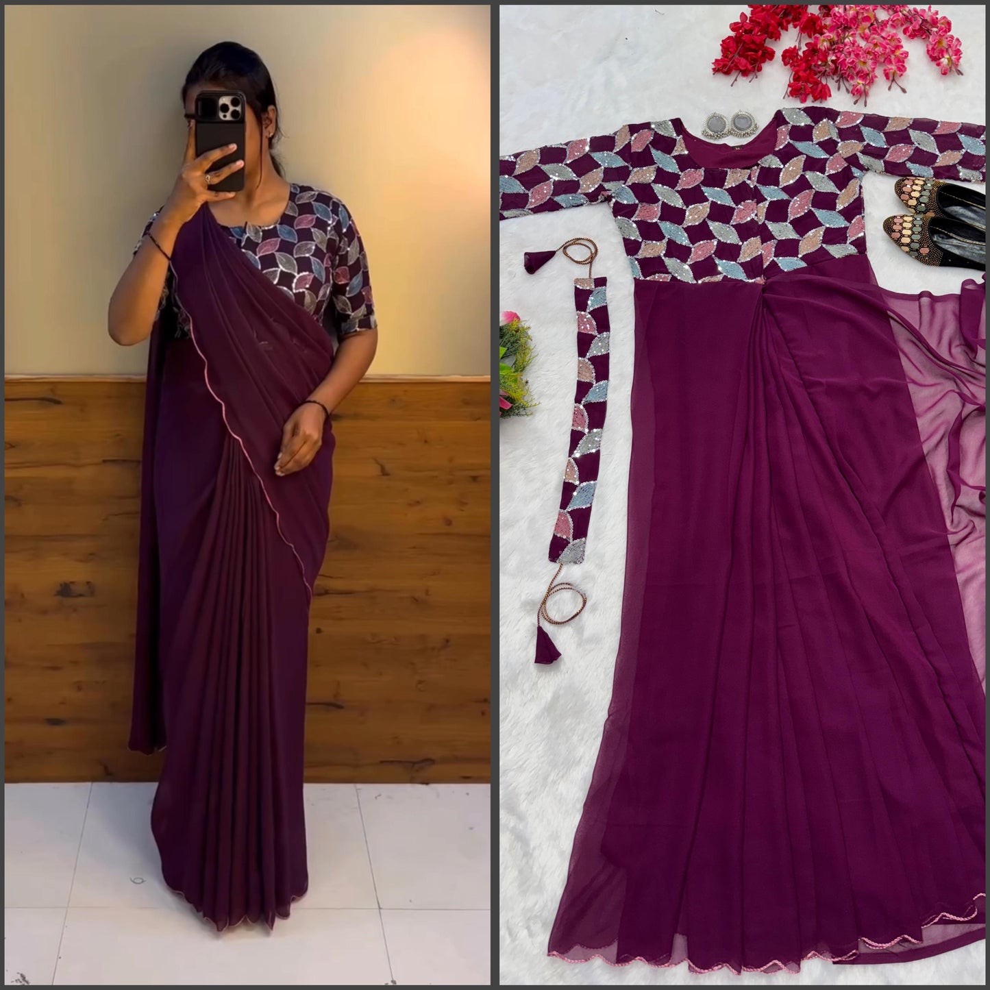 Purple color beautiful trending zip nd go embroidery saree