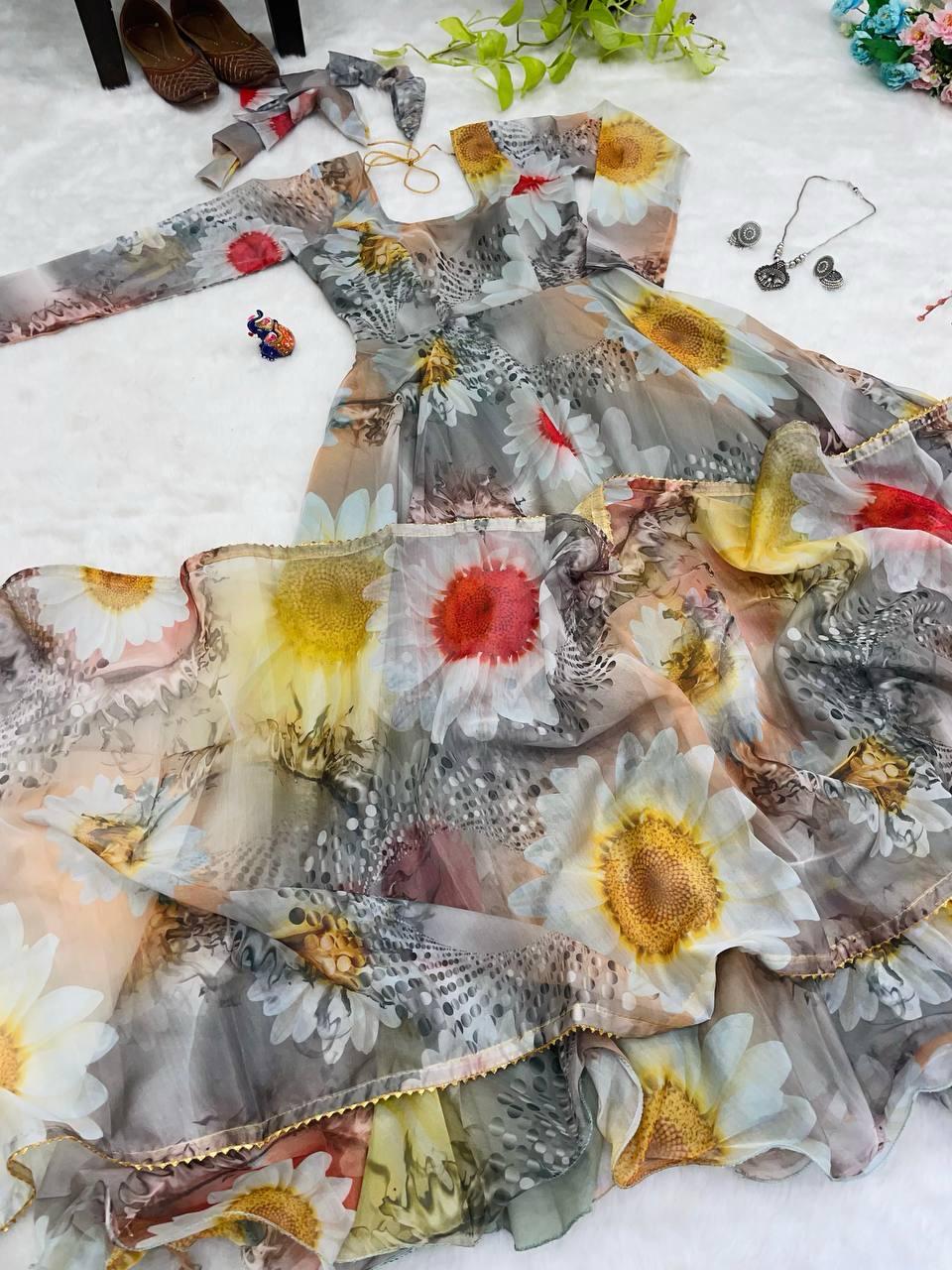 Party Wear Look Organza Taby Silk Gown With Dupatta Pant