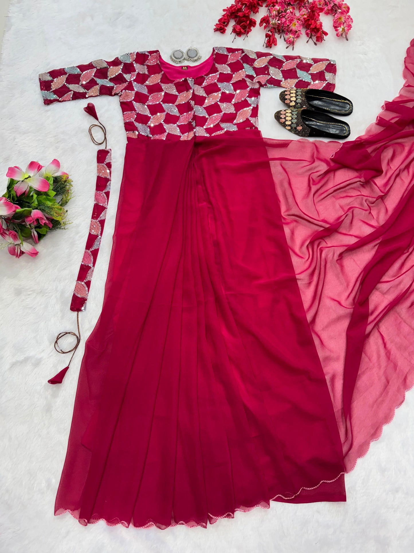 red color beautiful trending zip nd go embroidery saree