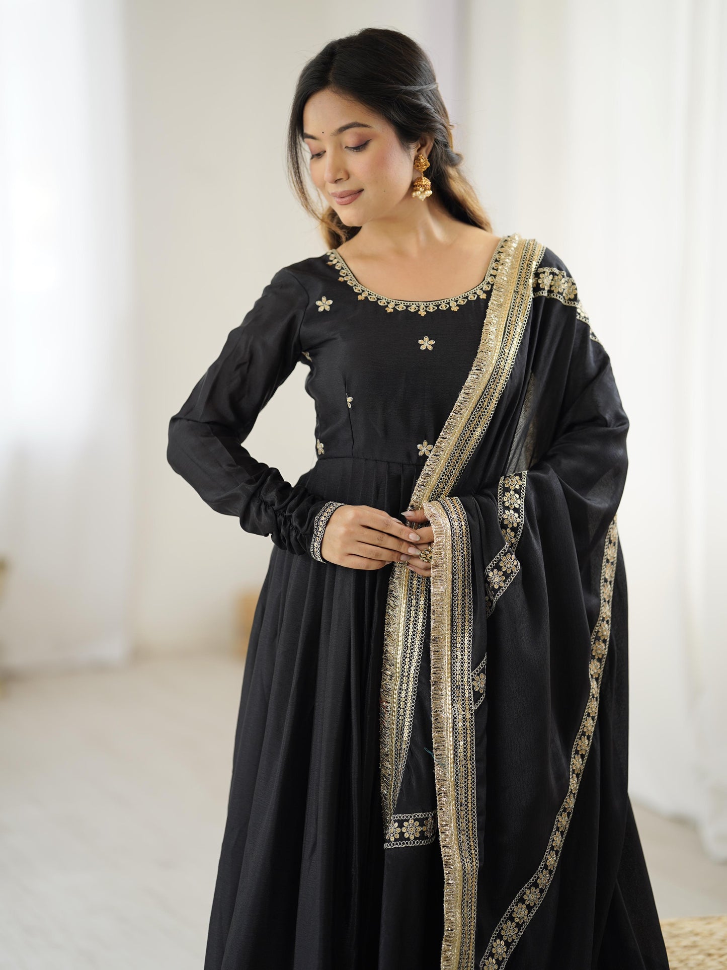 Black Color Beautiful Gown in Chinon Silk Fabric