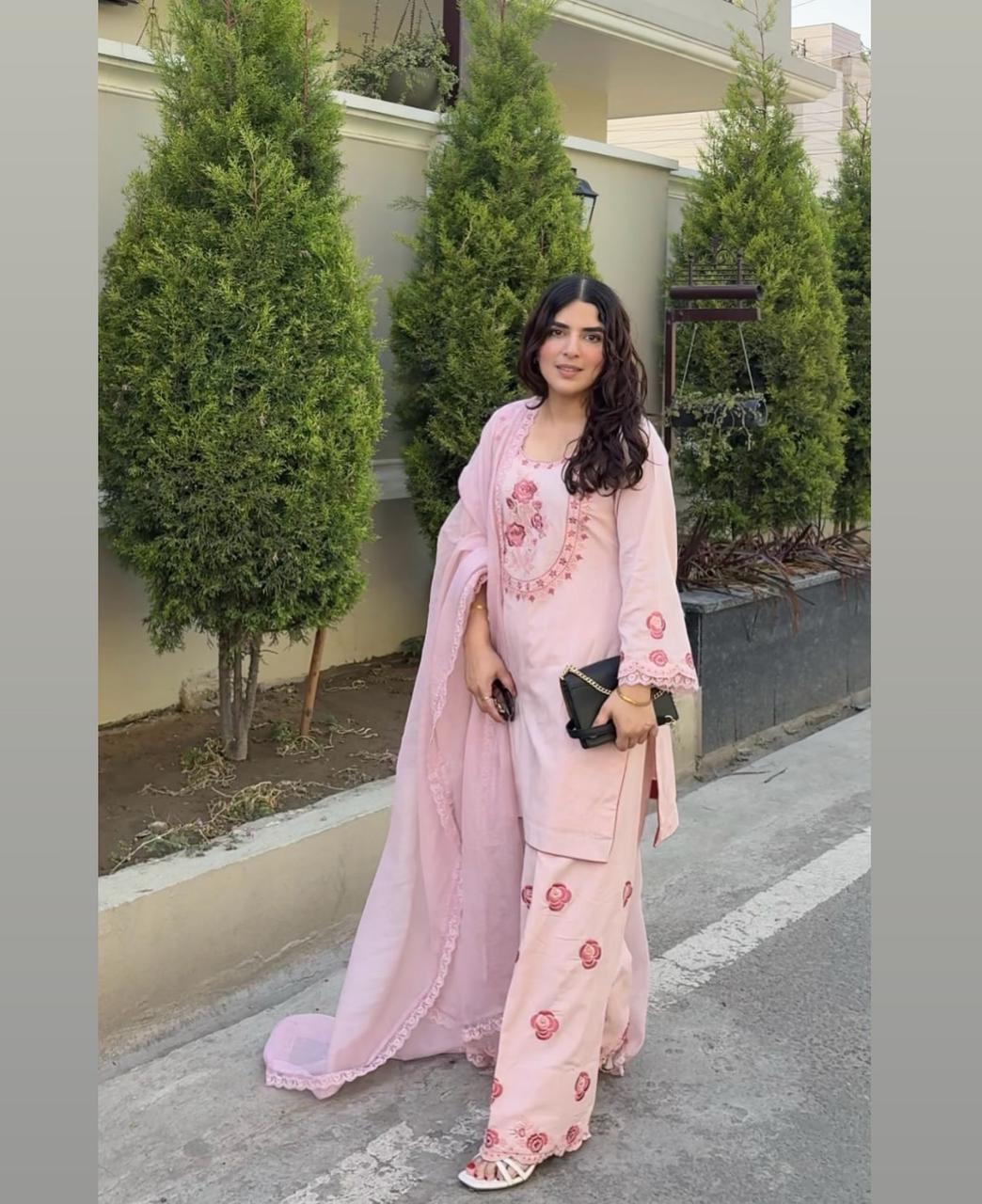 Party Wear Look Pure Natural Crepe Top & Farshi Palazzo With Dupatta Set