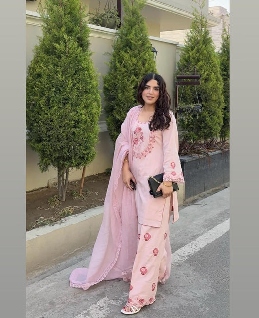 Party Wear Look Pure Natural Crepe Top & Farshi Palazzo With Dupatta Set