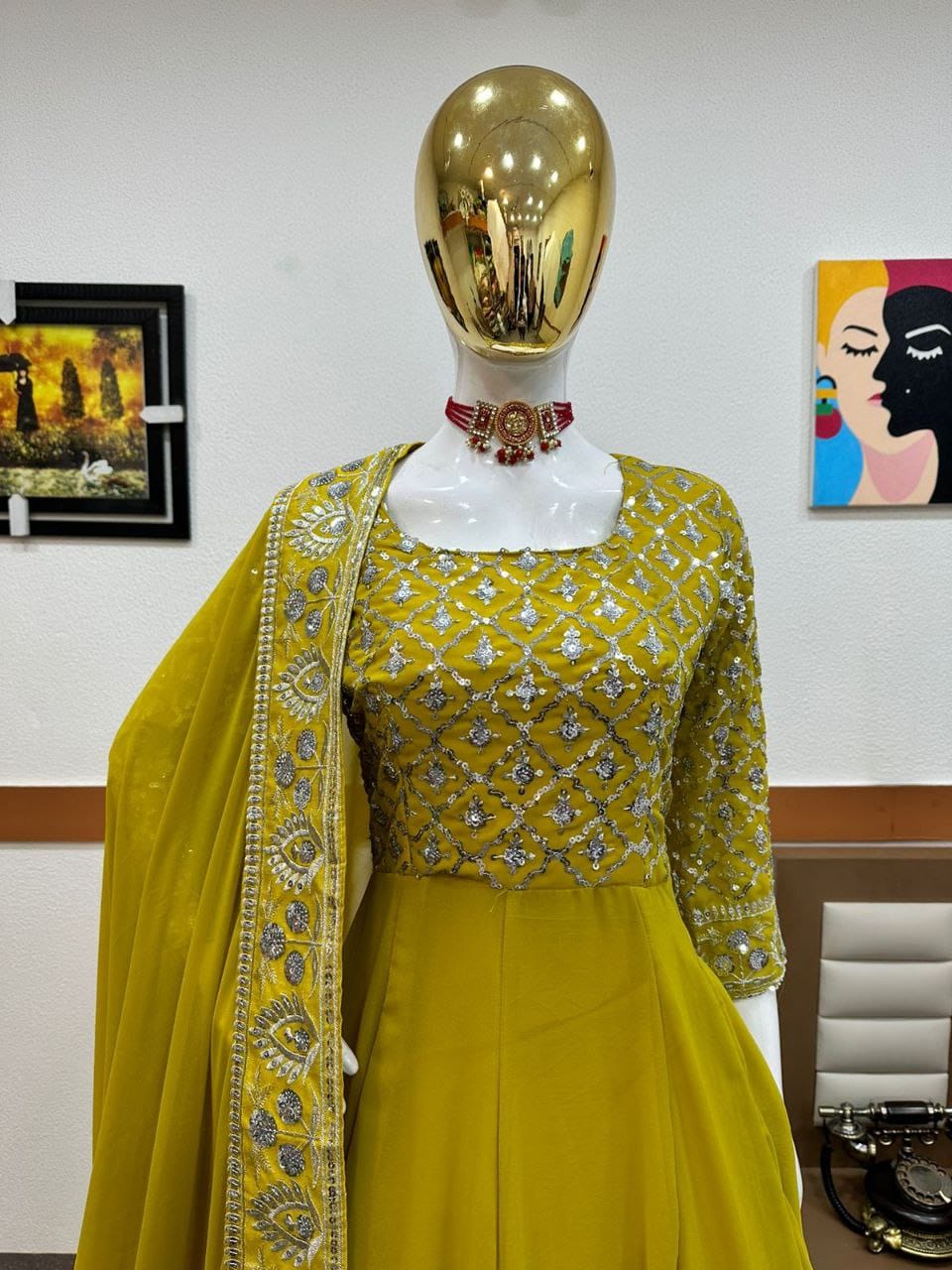 yellow color gown in georgete fabric