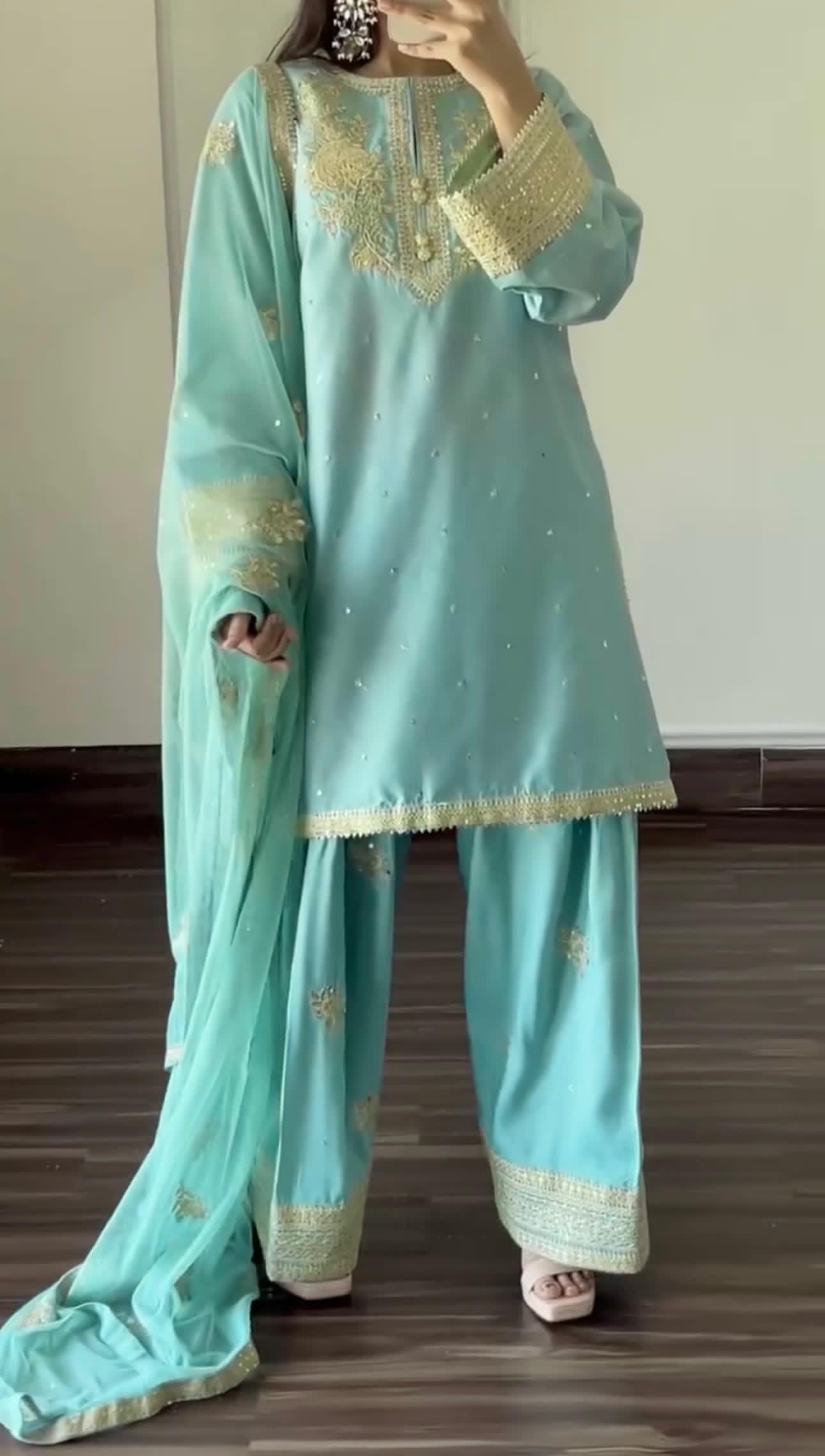 Designer Party Wear Look Pur Natural Crepe Top & Farshi Palazzo With Dupatta Set