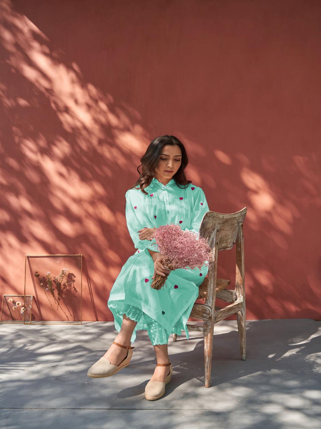 Sky Blue Color Beautiful Cotton Wear Kurti Pent Set