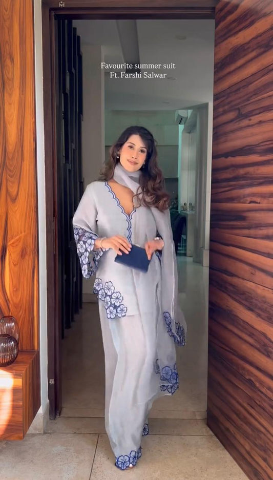 Party Wear Look Pure Natural Crepe Top & Farshi Palazzo With Dupatta Set in grey color