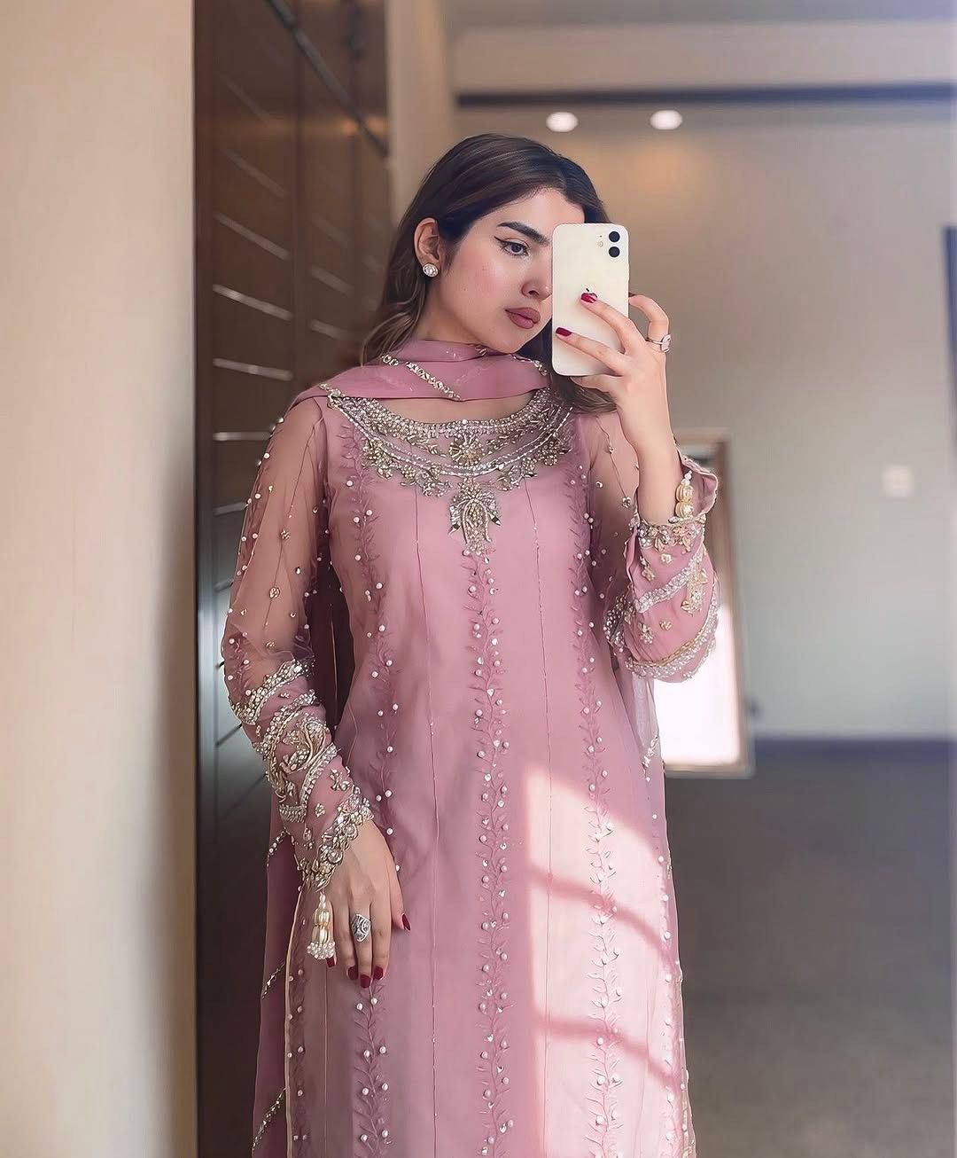 party wear look pur heavy faux georgette top plazzo & dupatta set pink