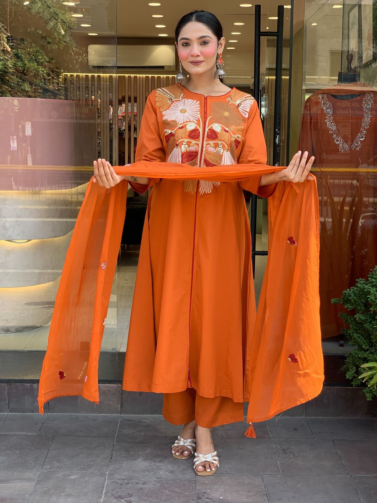 orange color office wear dress in chanderi silk fabric