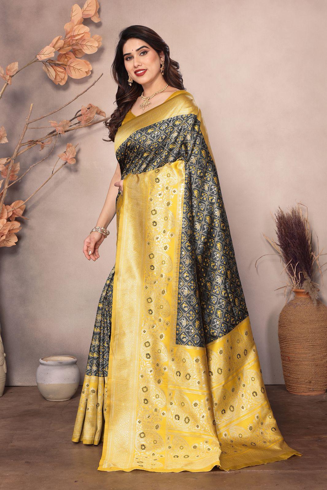 Yellow Dark Grey Color Beauitful Daily Wear Use Saree