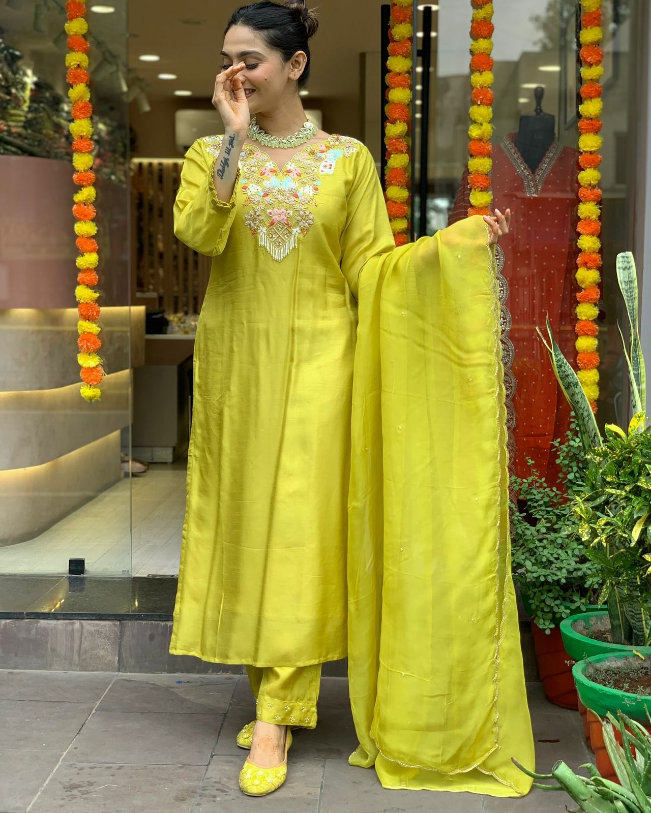 Yellow Color Beautiful Chanderi Silk Fabric dress for daily wear