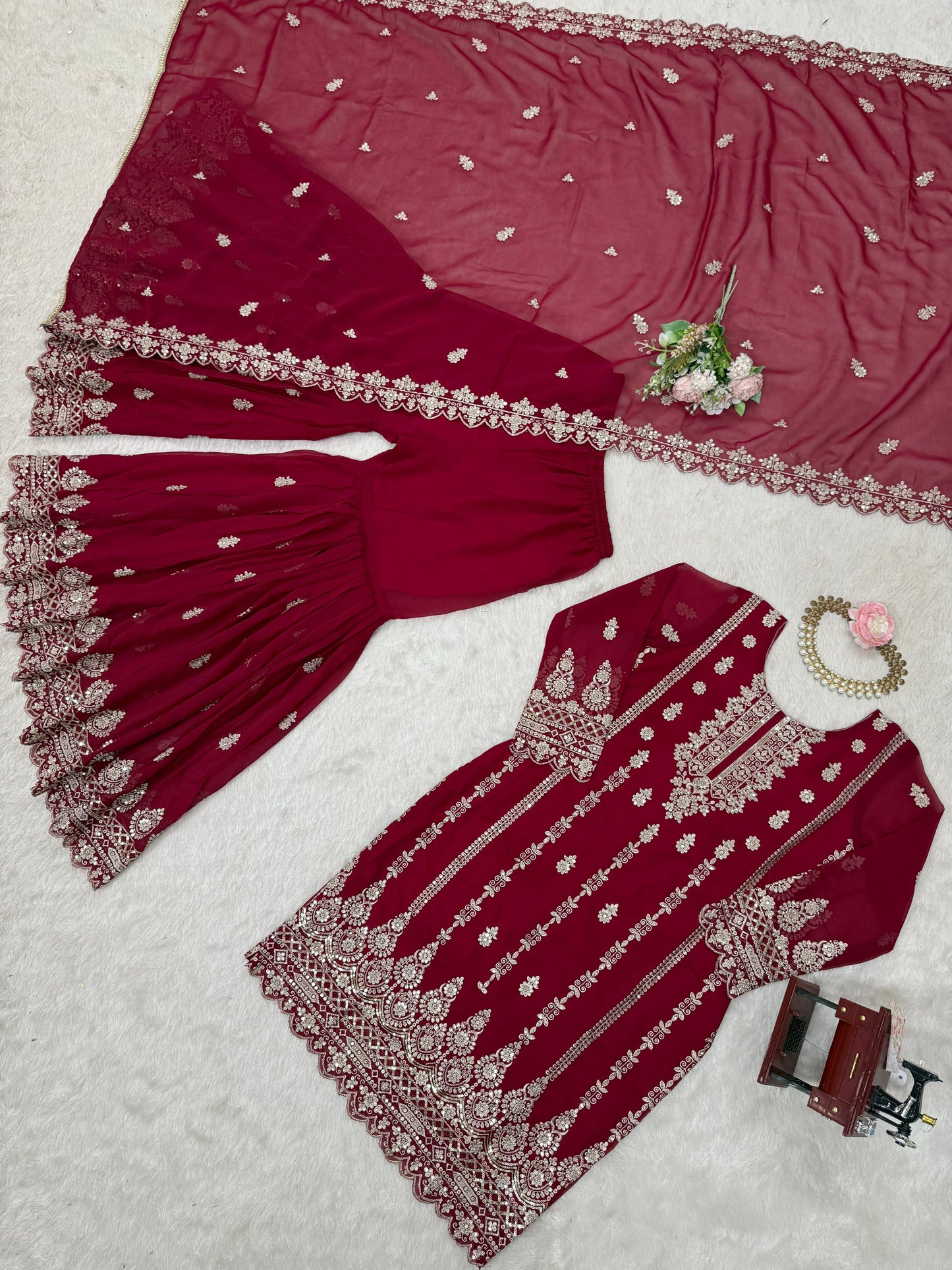 Maroon Red Color Beautiful Sharara Suit in Georgette Fabric