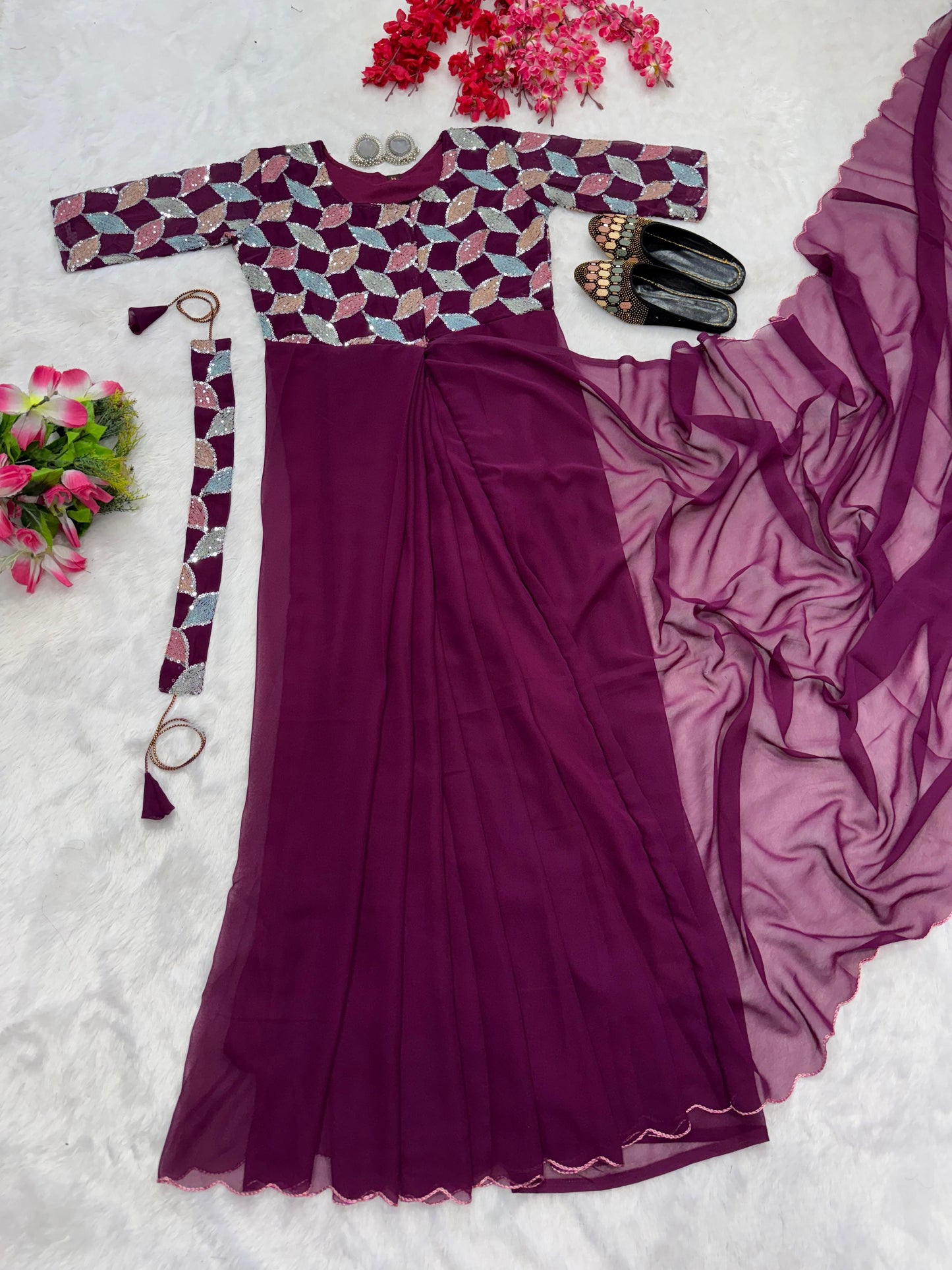Purple color beautiful trending zip nd go embroidery saree