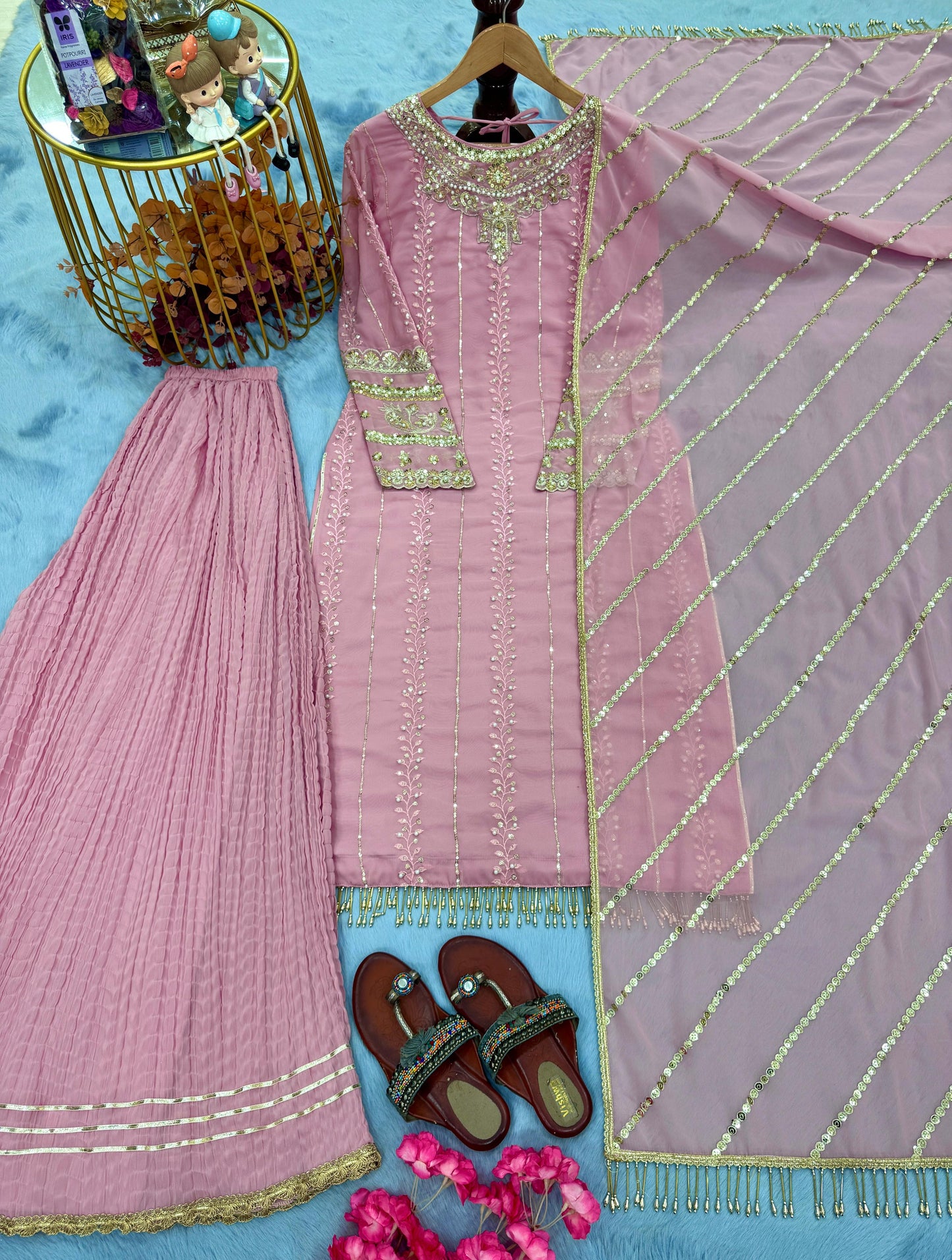 party wear look pur heavy faux georgette top plazzo & dupatta set pink