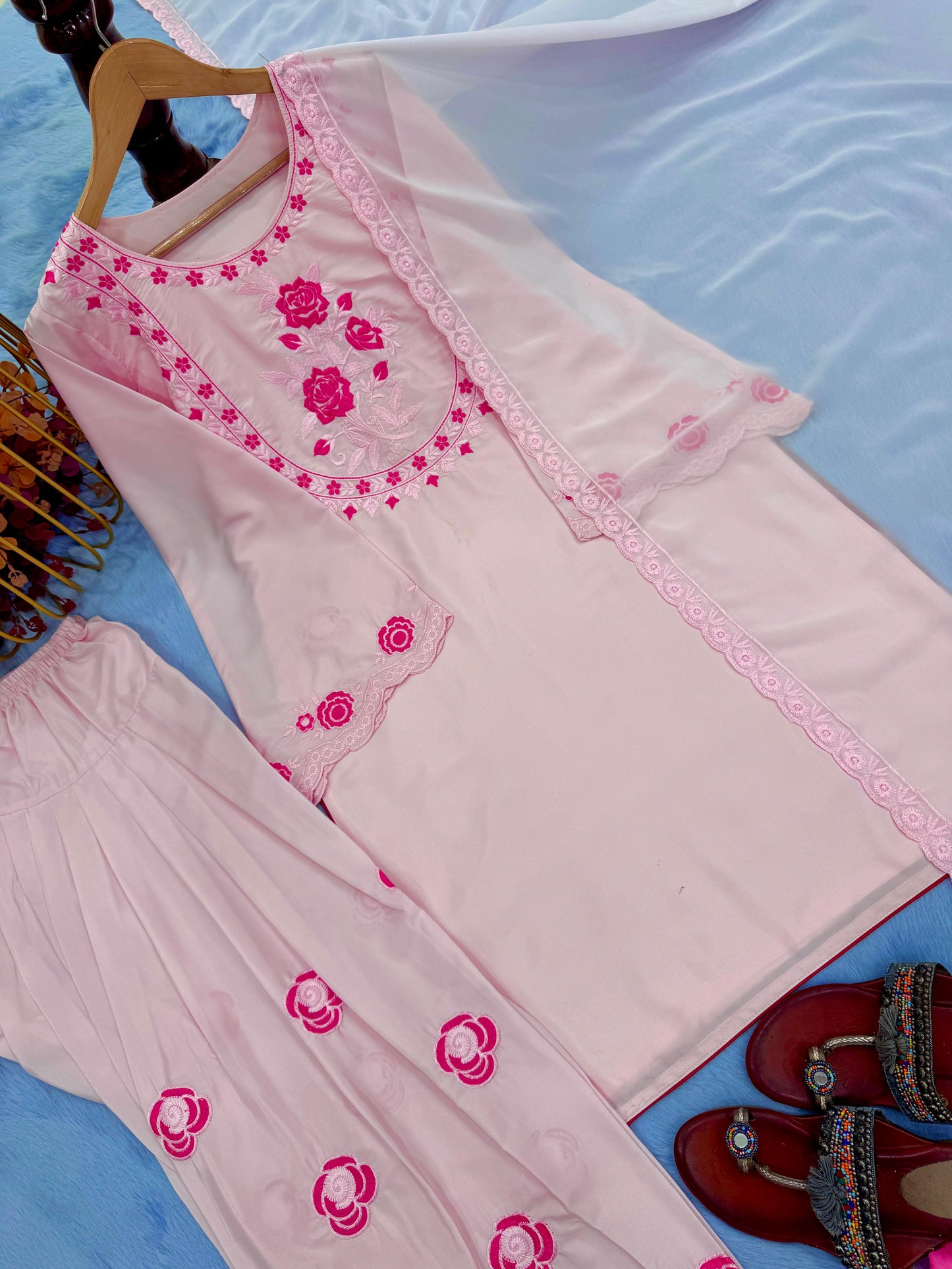 Party Wear Look Pure Natural Crepe Top & Farshi Palazzo With Dupatta Set