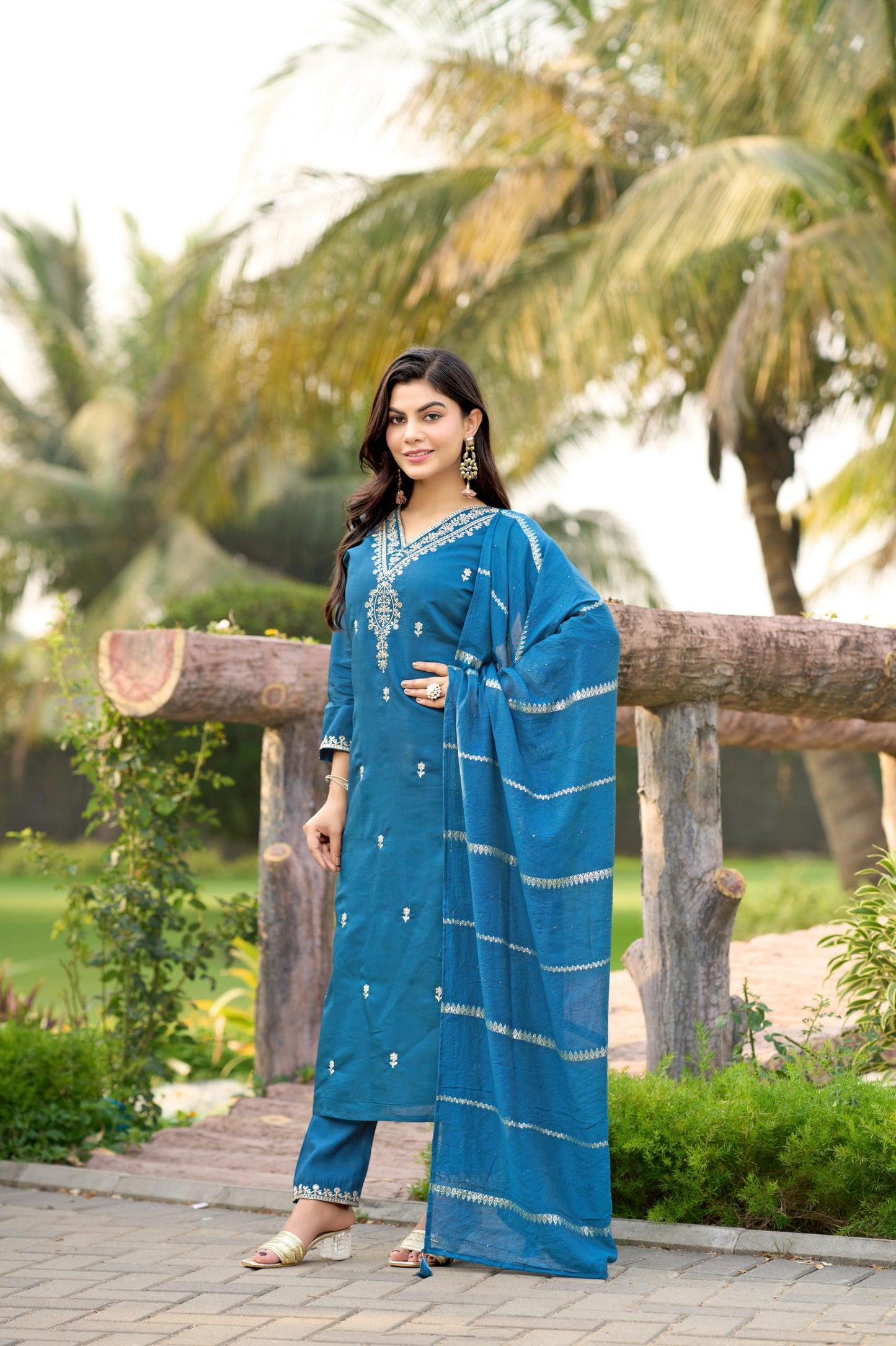 Blue Color Beautiful Summer WEar Dress in Roman silk fabric