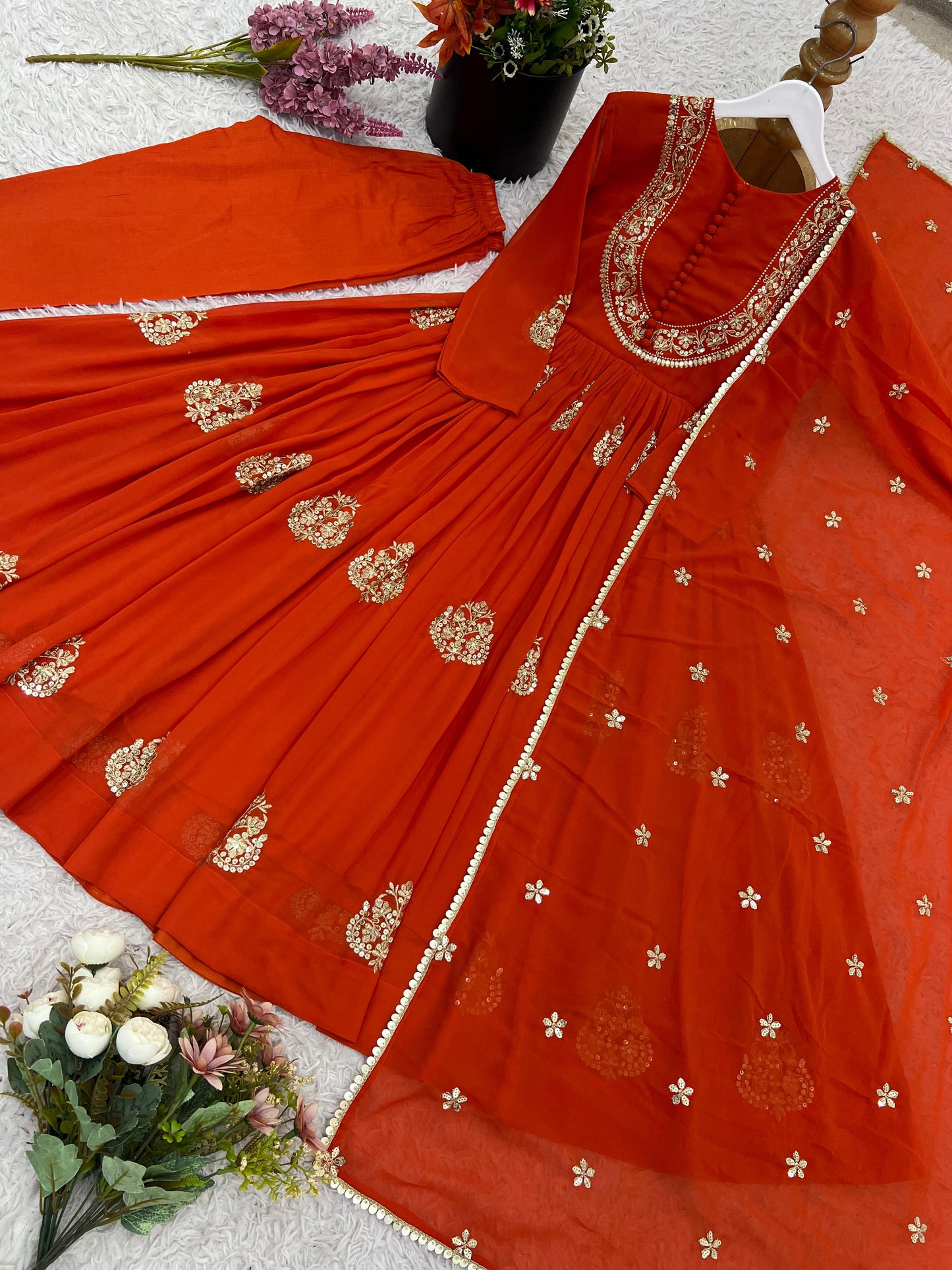 georgette with embroidery sequence work gown and dupatta set fully stitched