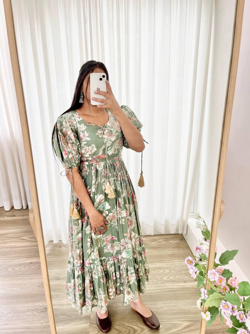 Party Wear LooK Roman Silk Mill Print With Foil Gown