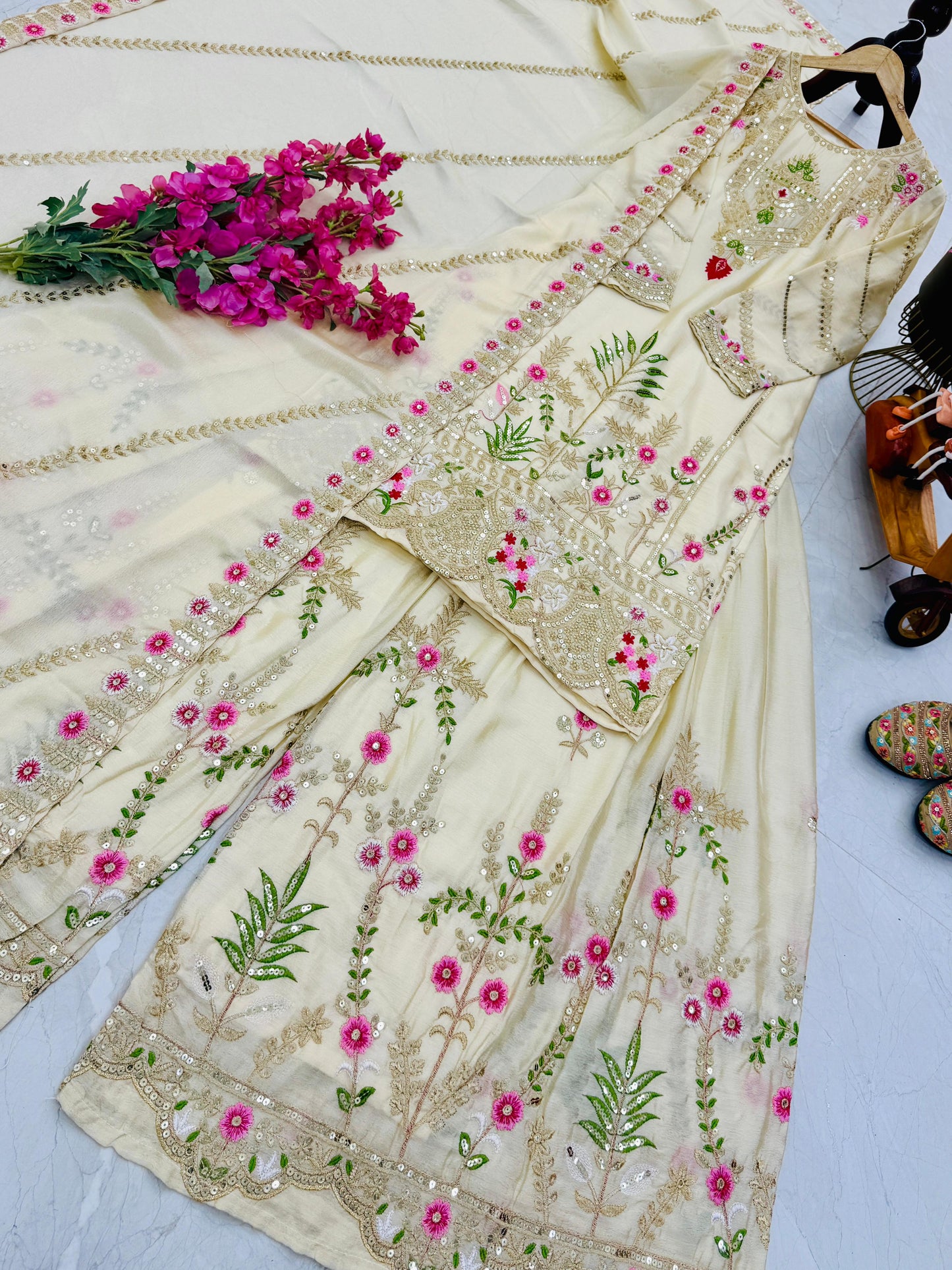 designer party sharara suit & dupatta set in cream white color
