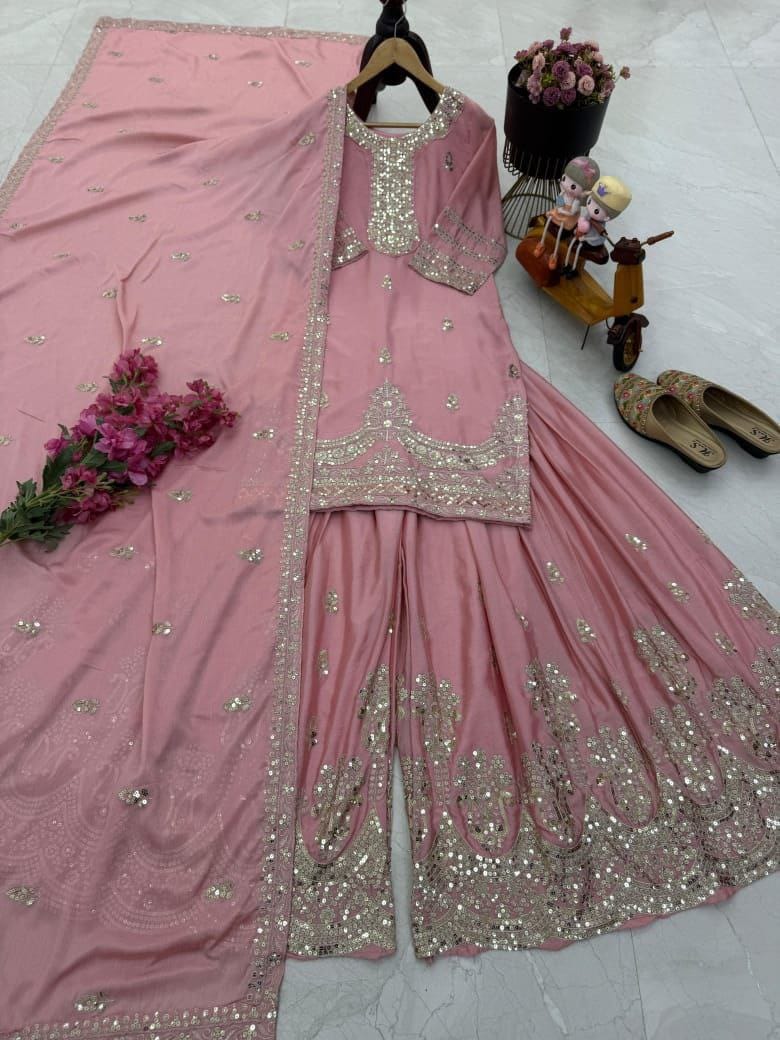 Designer Party Top Pallazo & Dupatta Set in pink color