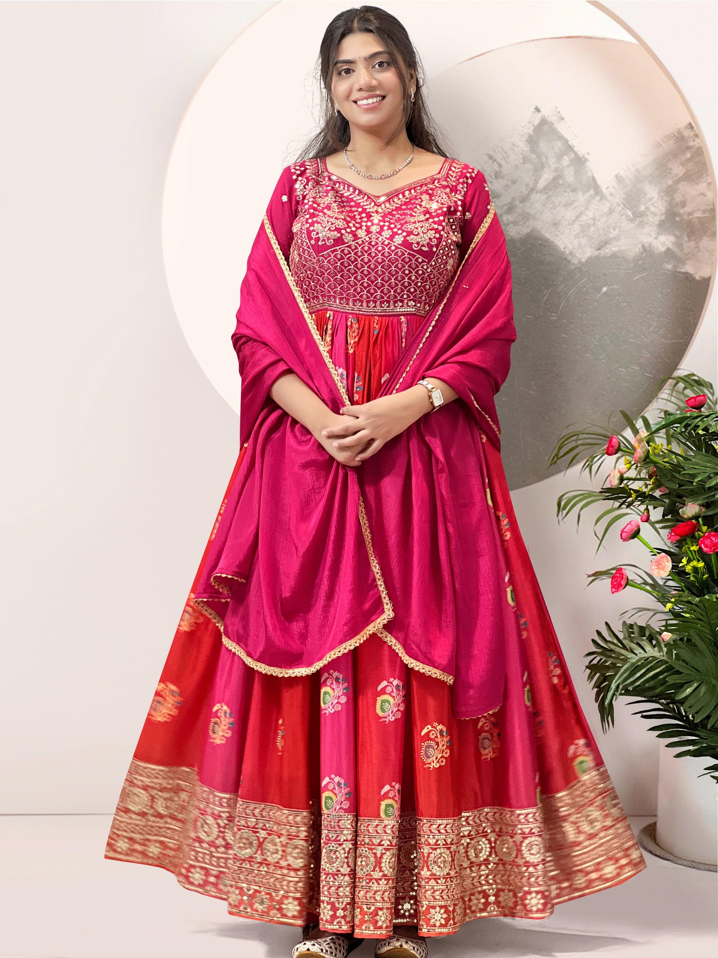 Pink Color ANarkali Gown in Silk Fabric with embroidery work