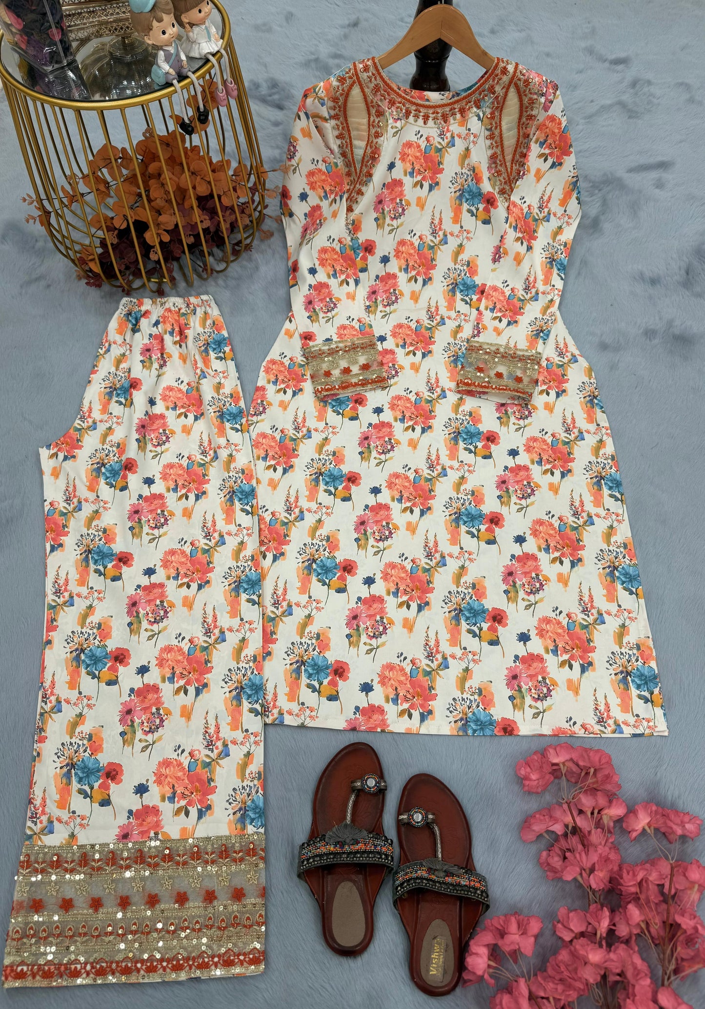party wear look pur natural crepe printed & embroidered co-ords set