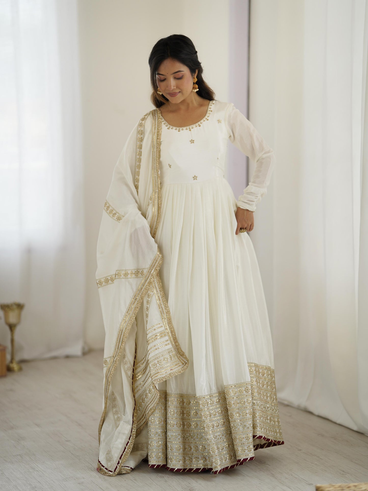 White Color Beautiful Gown in Chinon Silk Fabric