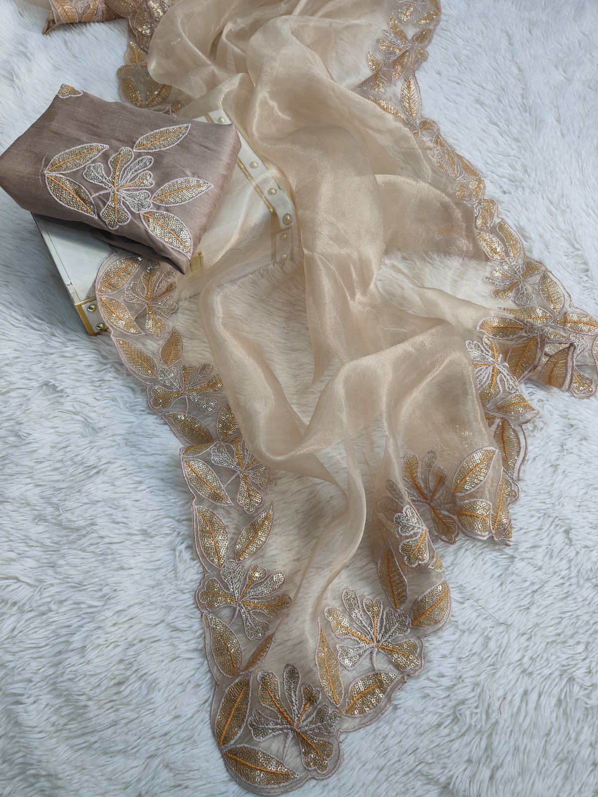 Beautiful White Cream color organza silk saree
