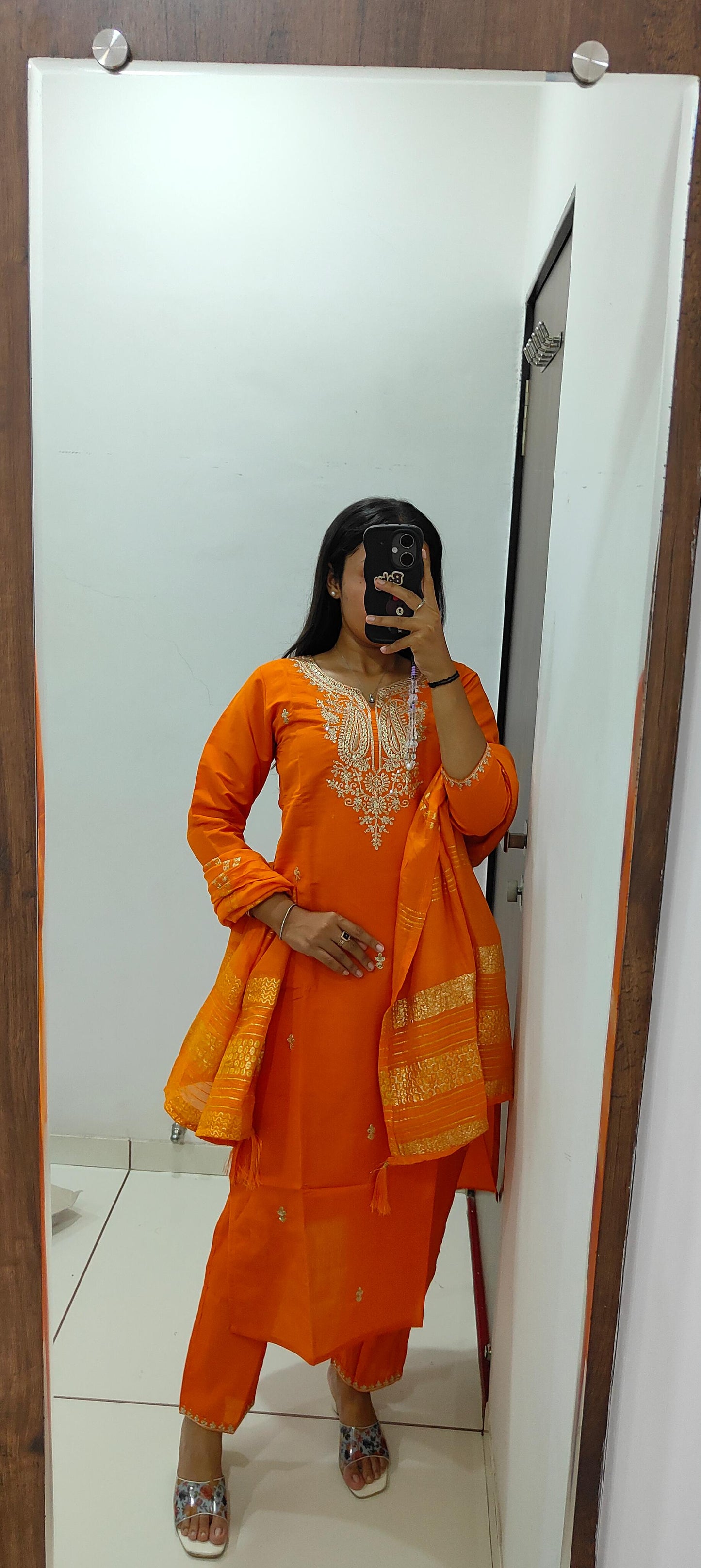 orange colour beatiful office wear dress in silk fabric