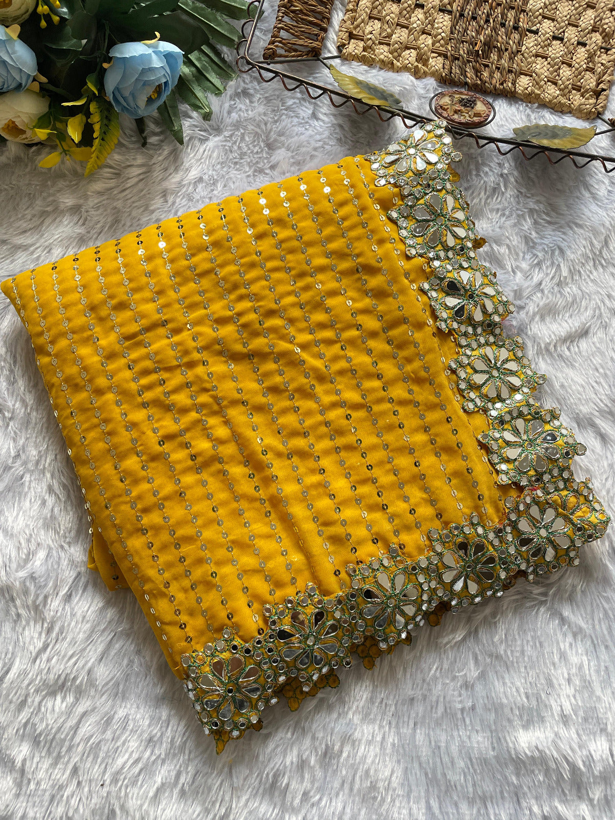 Yellow Color Beautful Partywear Sequence Saree in Georgette Fabric