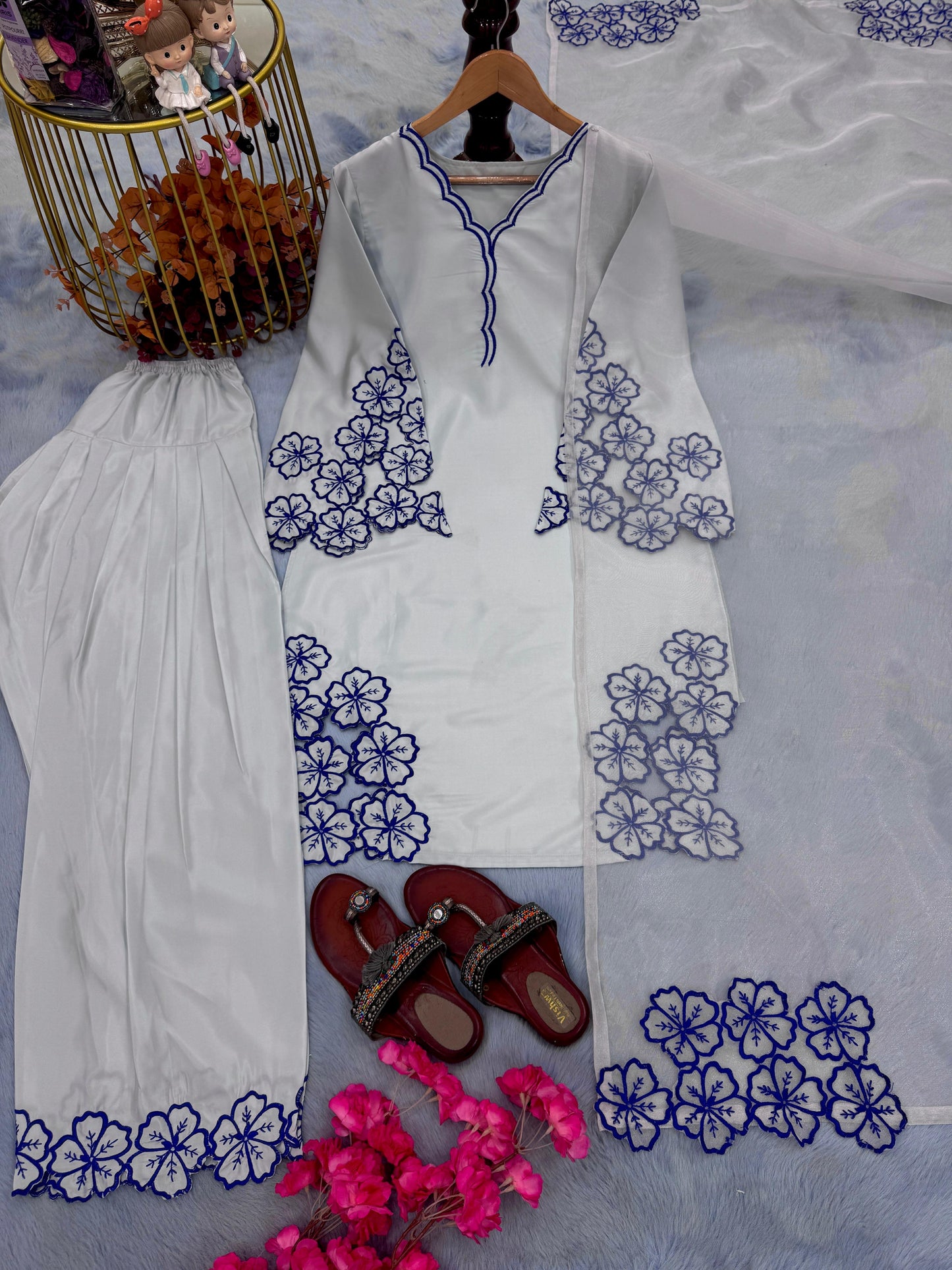 Party Wear Look Pure Natural Crepe Top & Farshi Palazzo With Dupatta Set in grey color