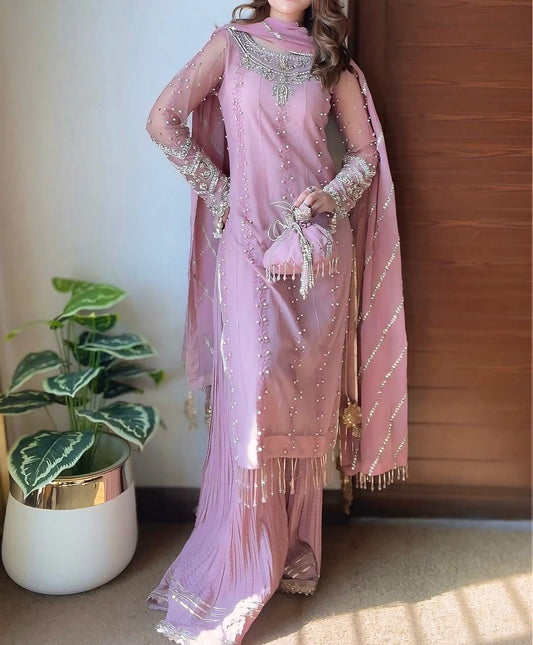 party wear look pur heavy faux georgette top plazzo & dupatta set pink